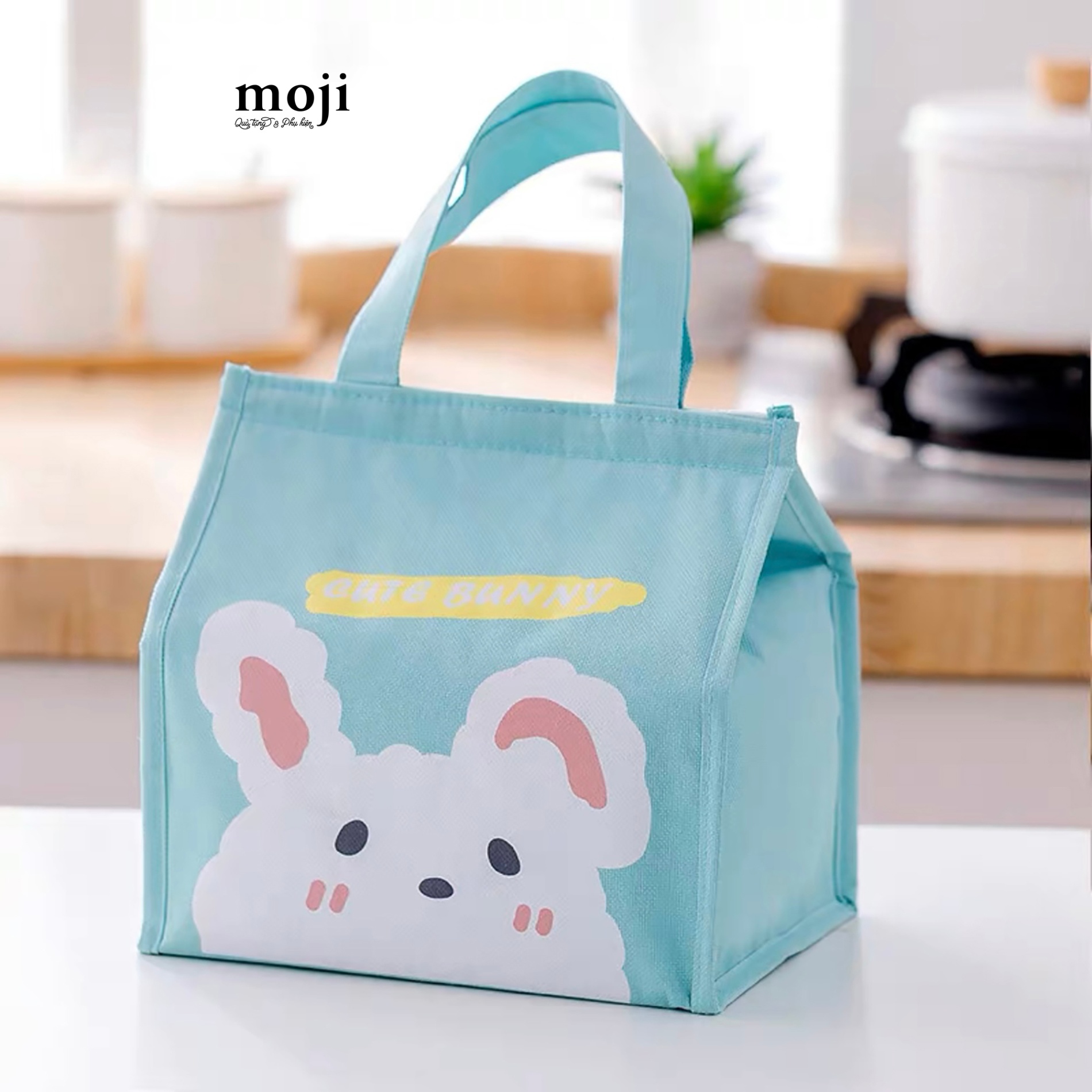 Túi đựng cơm giữ nhiệt Cute bunny nền màu 17x23x25