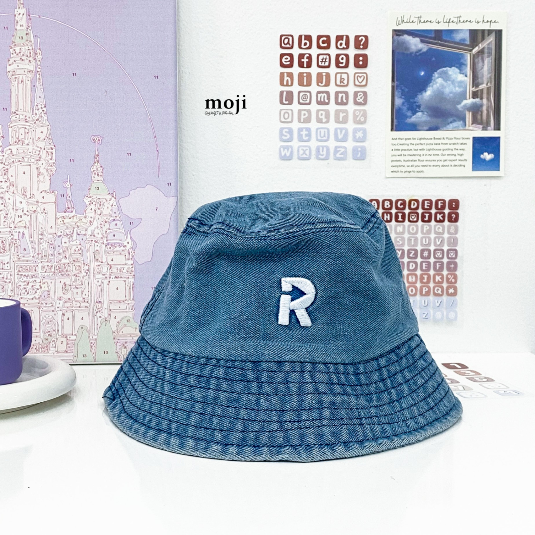 Mũ nón bucket Letter R with arrow jean denim style