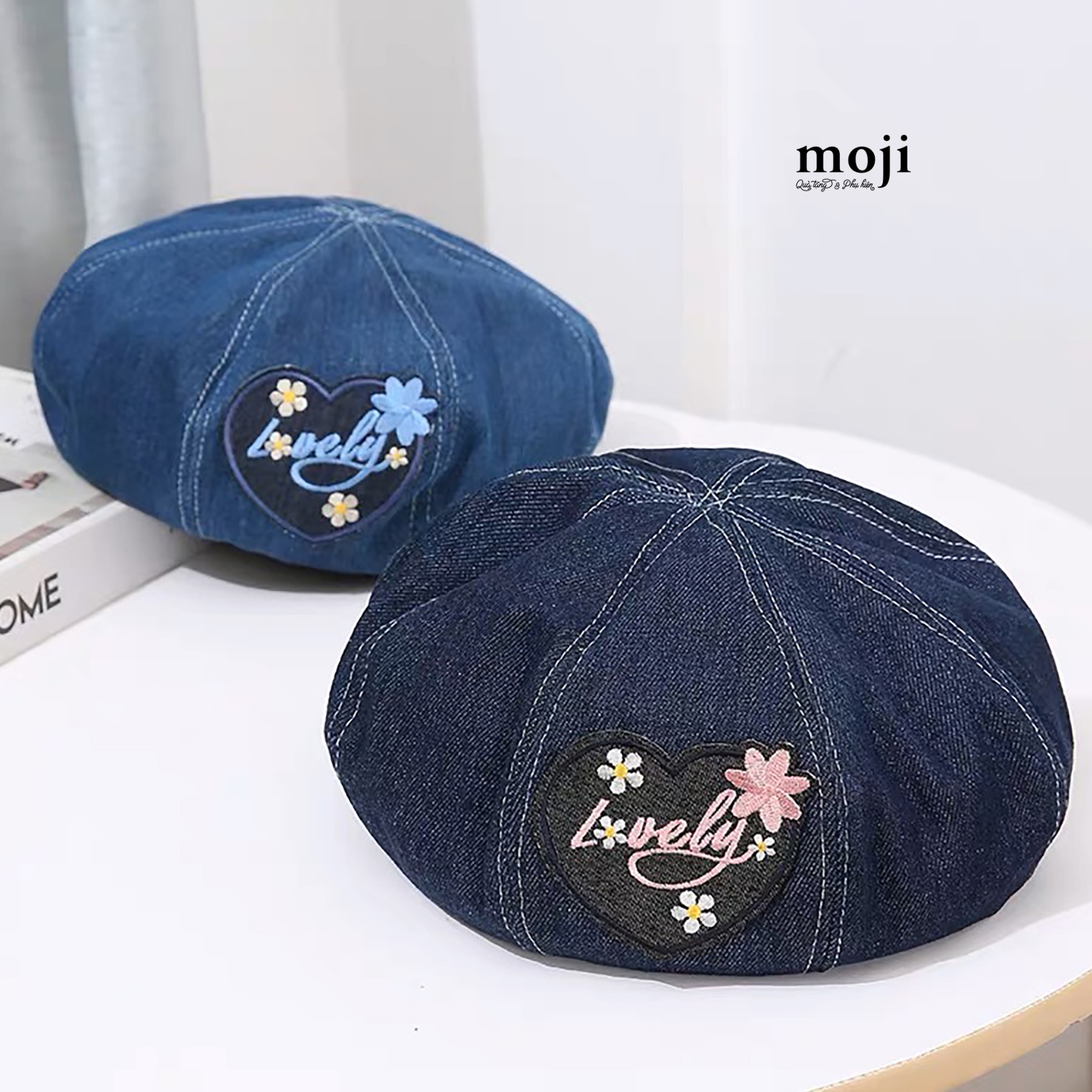 Mũ nón beret Flower heart lovely denim style