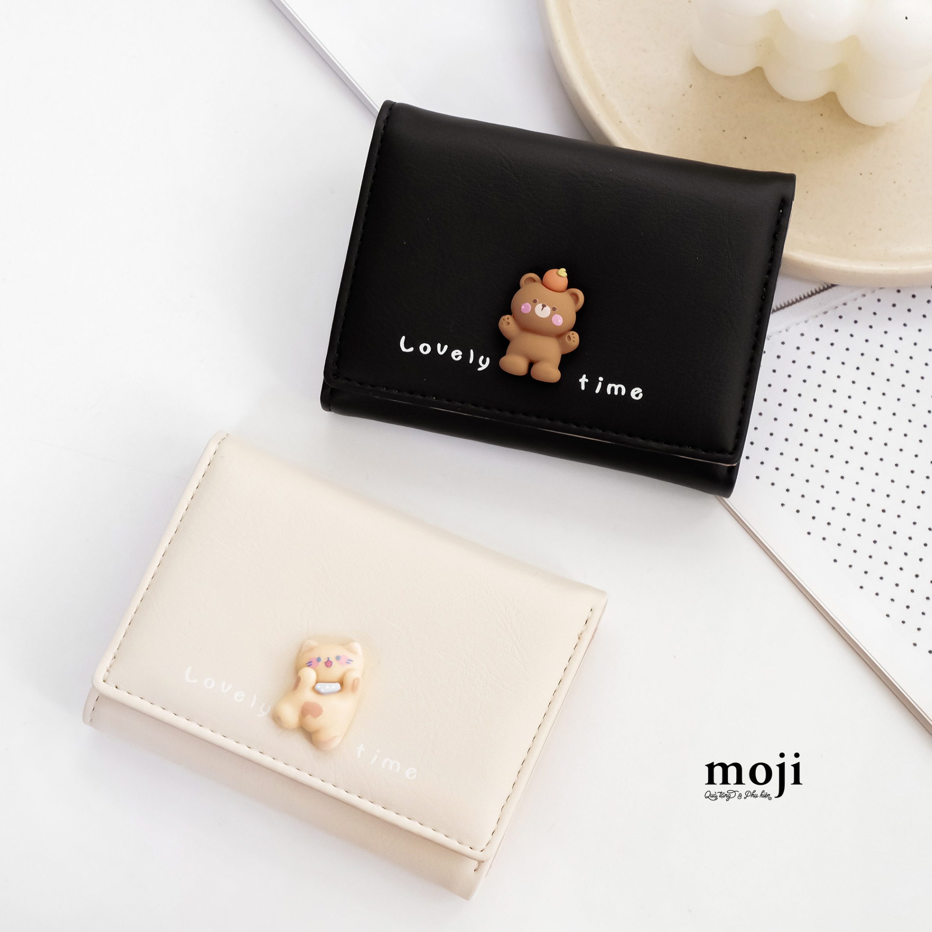 Ví da gập ngắn Cute animal nổi lovely time nền màu 8x10