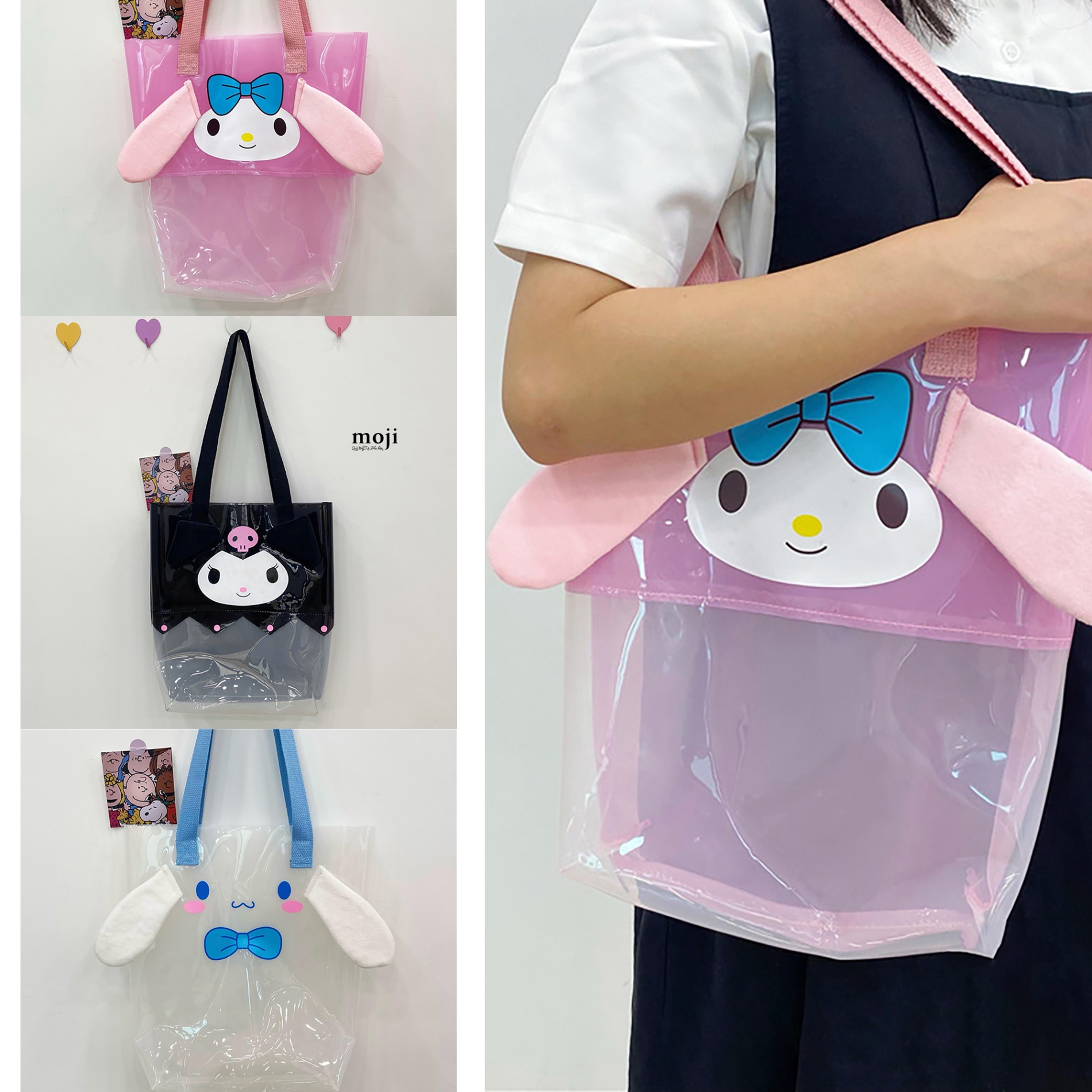 Túi đeo trong suốt Sanrio family cute face có tai 10x24x33