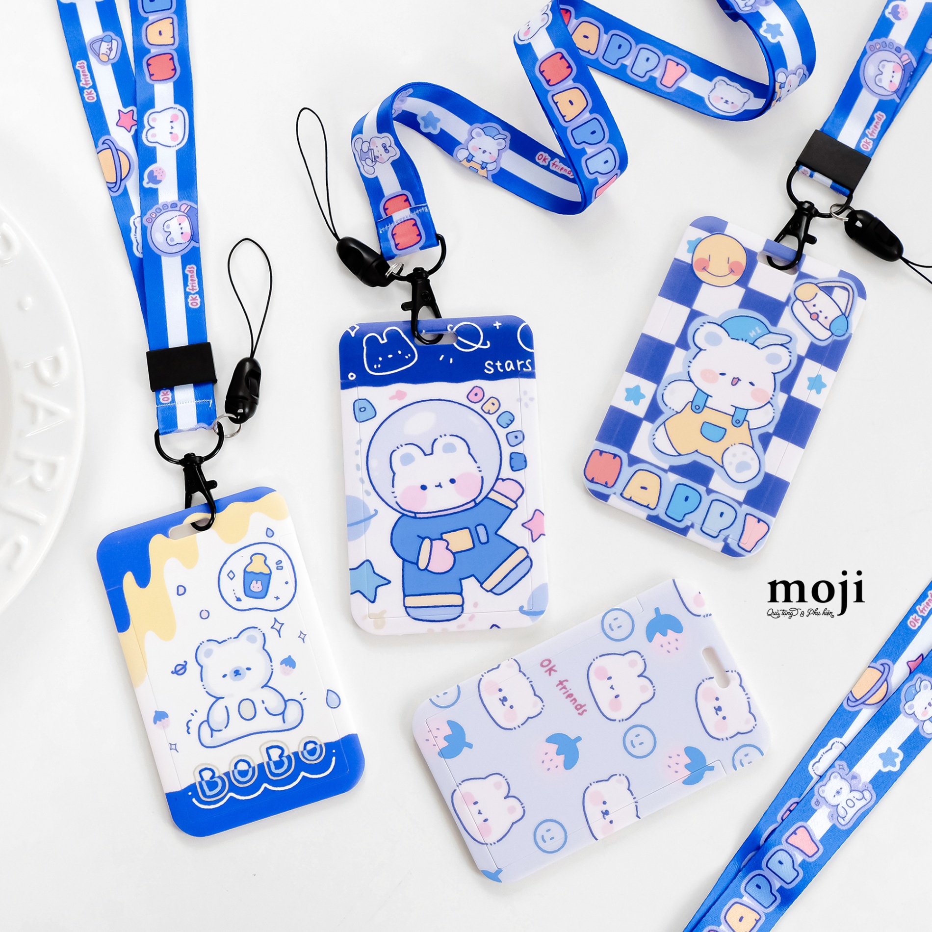 Đeo thẻ dọc Happy baby bear rabbit ok friends blue pattern kèm strap 7x11