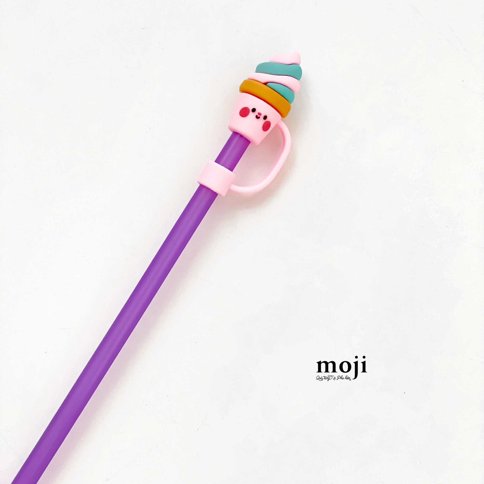 Ống hút nhựa kèm nút bịt silicone Ice cream happy face