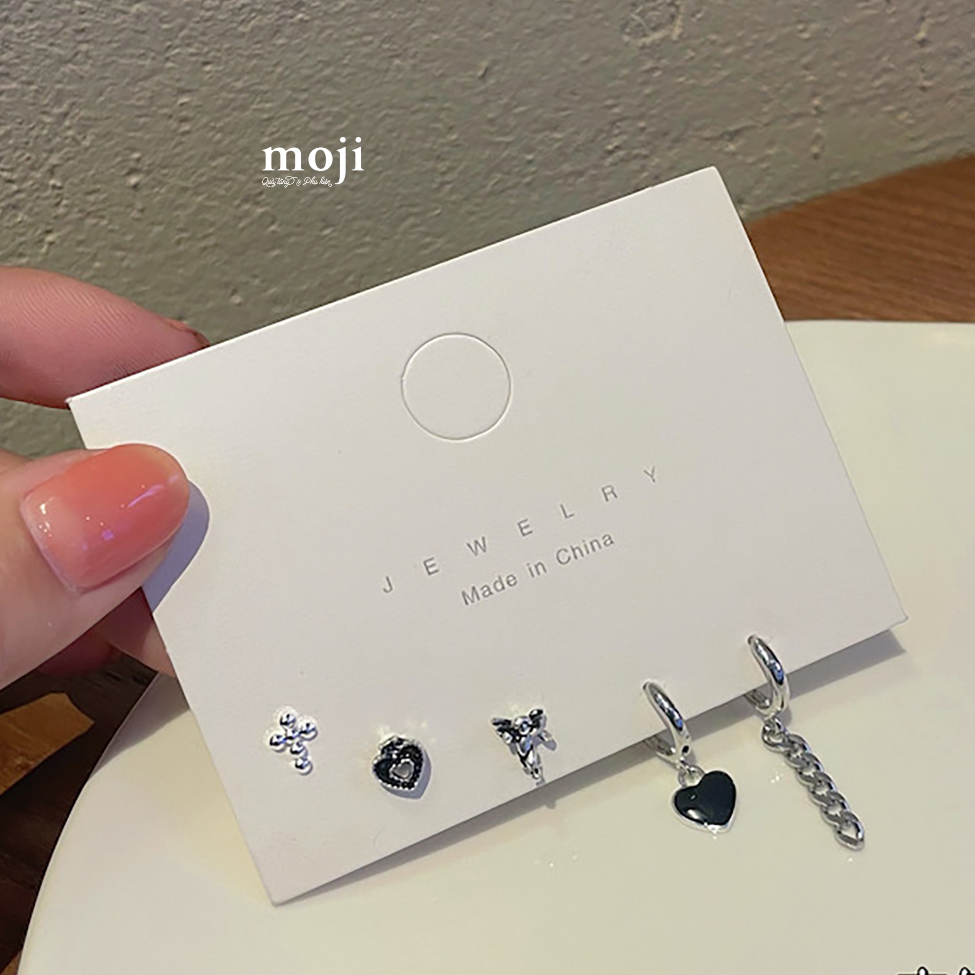 Khuyên tai set5 Heart cross thả xích