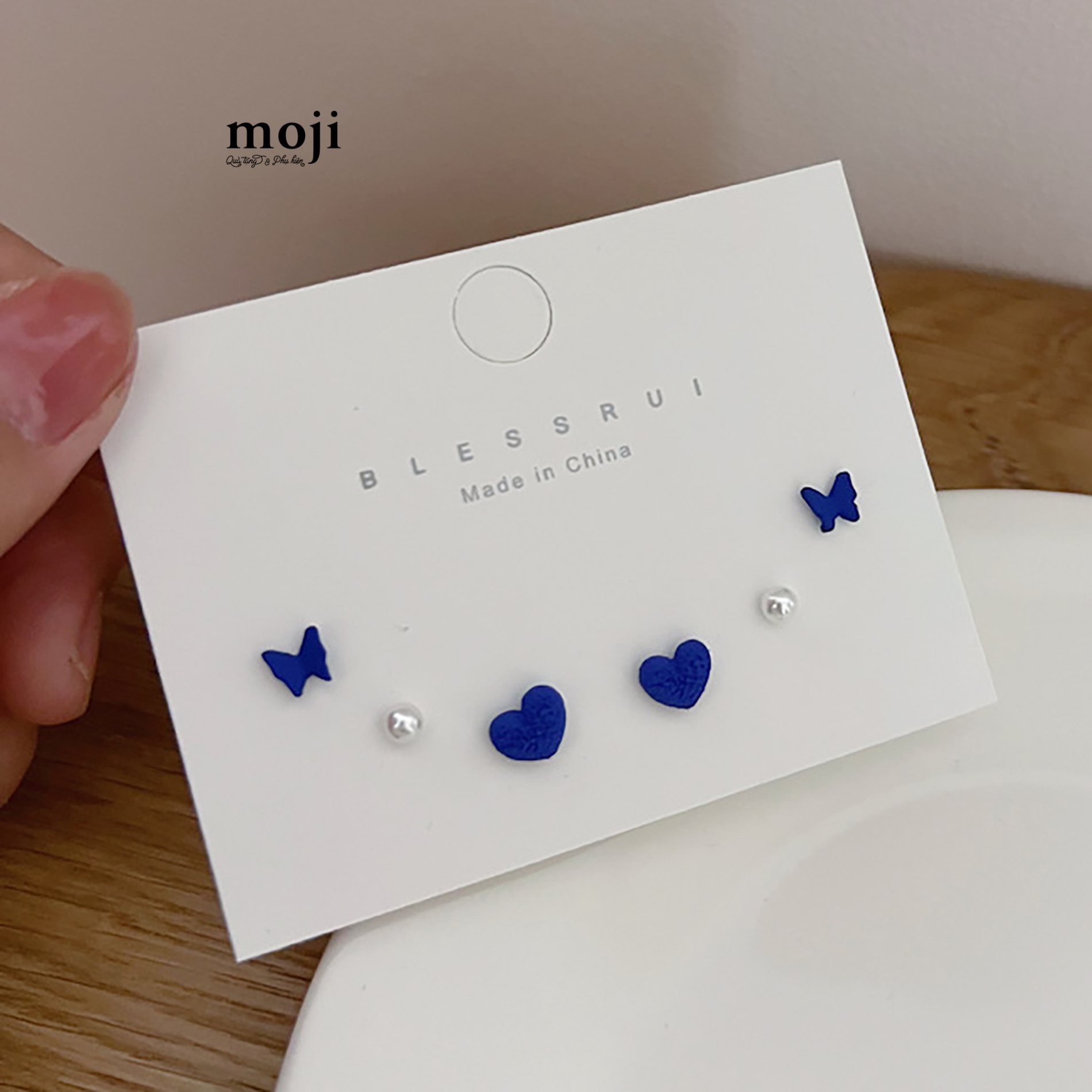 Khuyên tai set6 Blue butterfly heart pearl