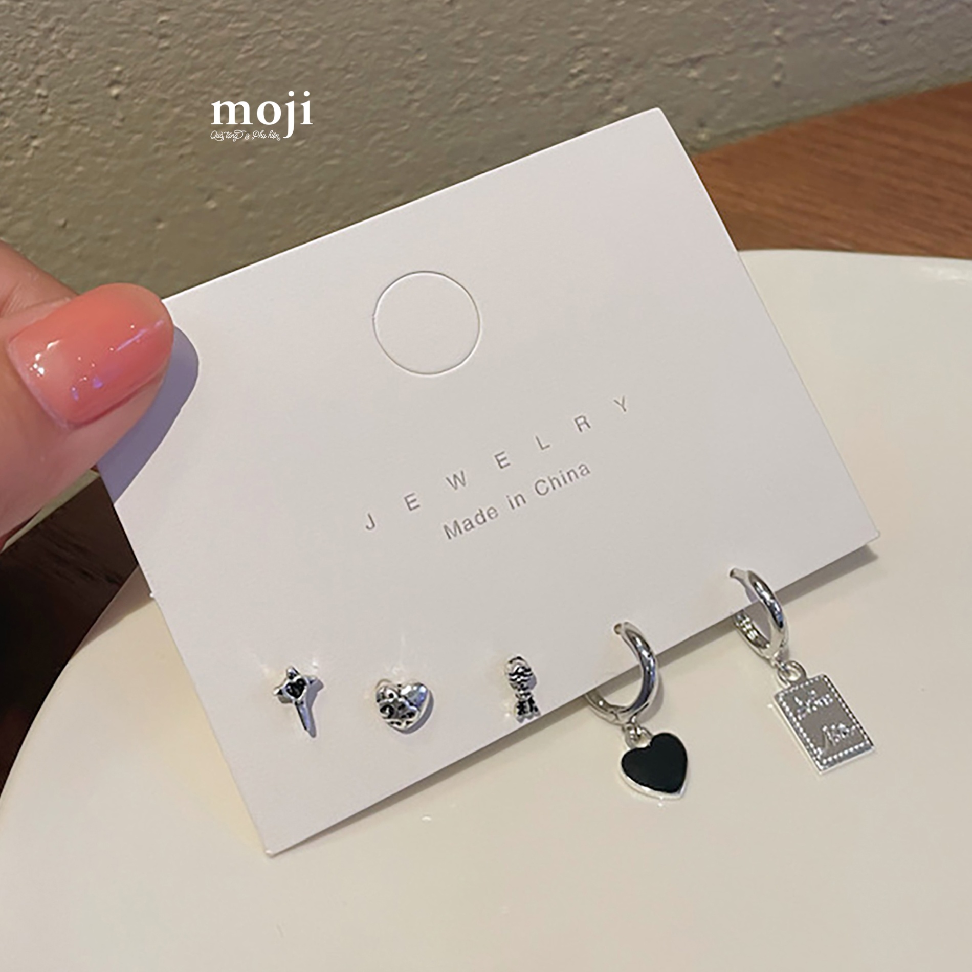 Khuyên tai set5 Heart cross mảnh dẹt
