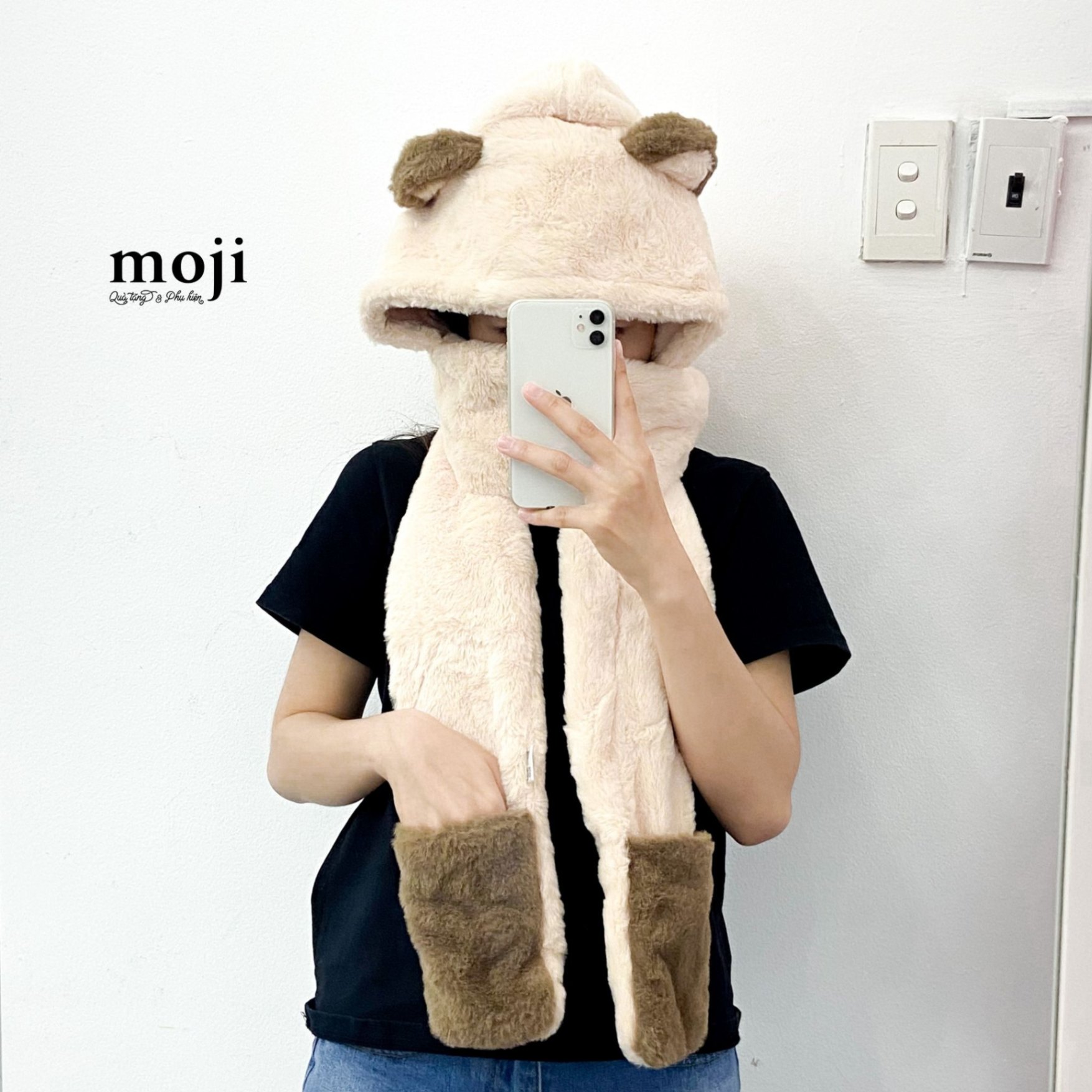 Khăn len kèm mũ và bao tay Tai gấu phối màu