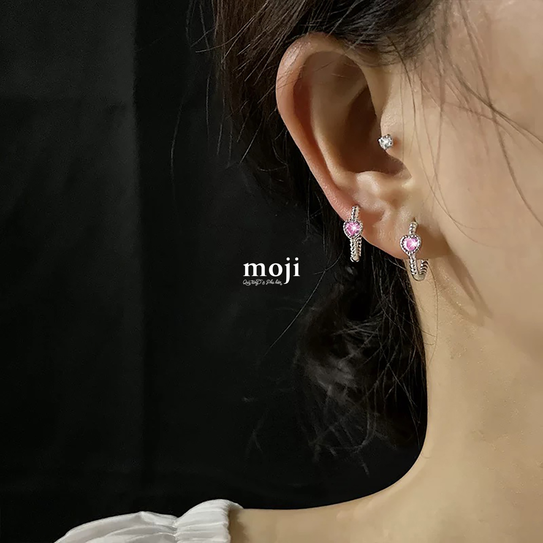 Khuyên tai mạ bạc Pink heart vòng xoắn