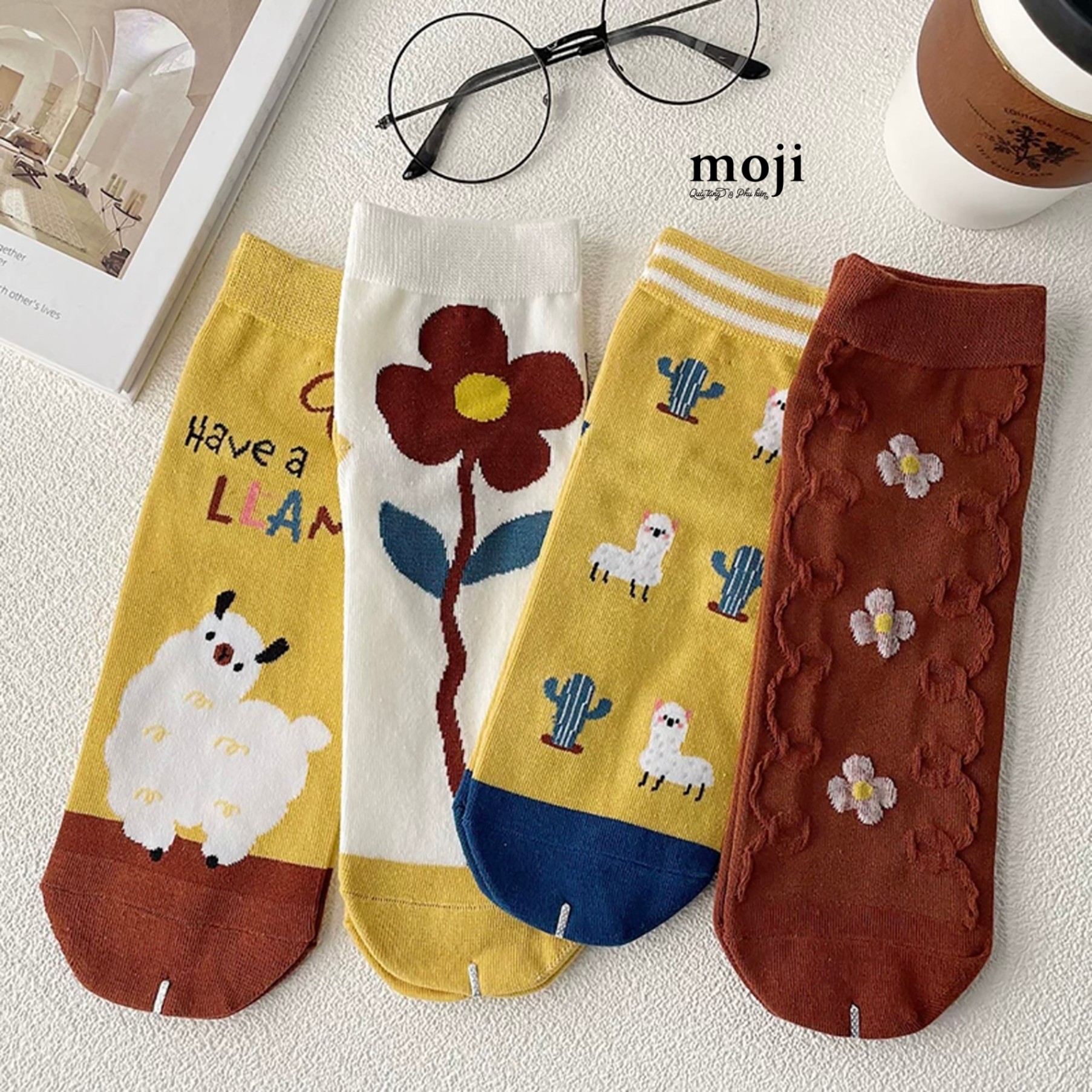 Tất vớ cổ ngắn Have a Llama flower cactus xương rồng