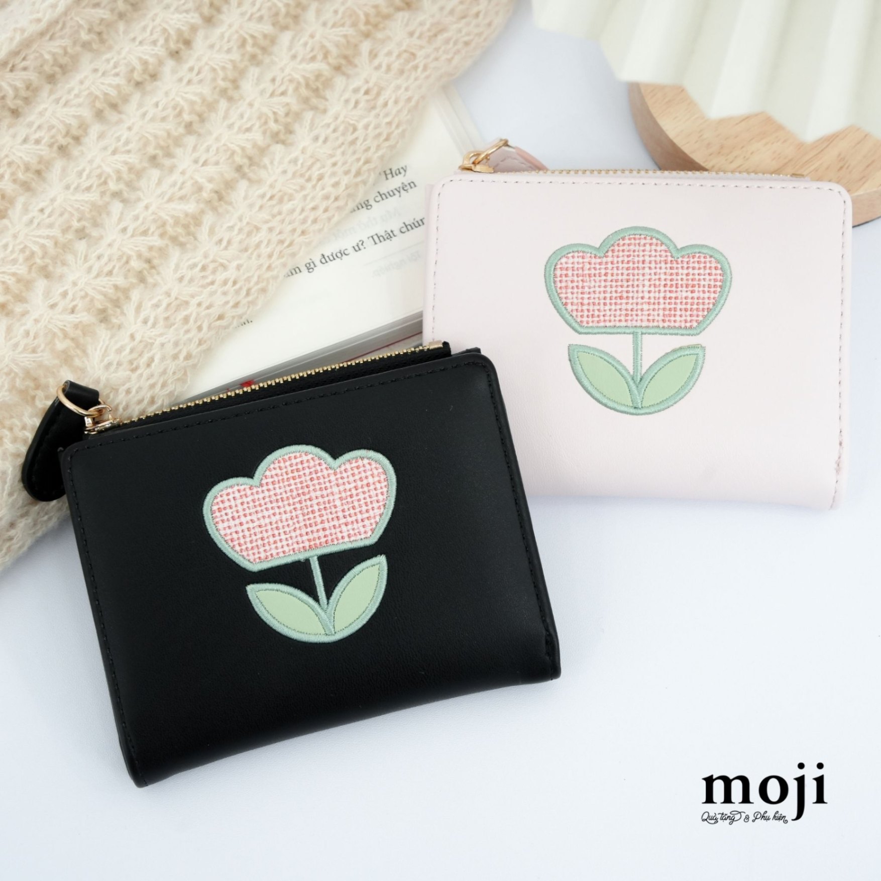Ví da gập ngắn Tulip flower nền màu 9x11