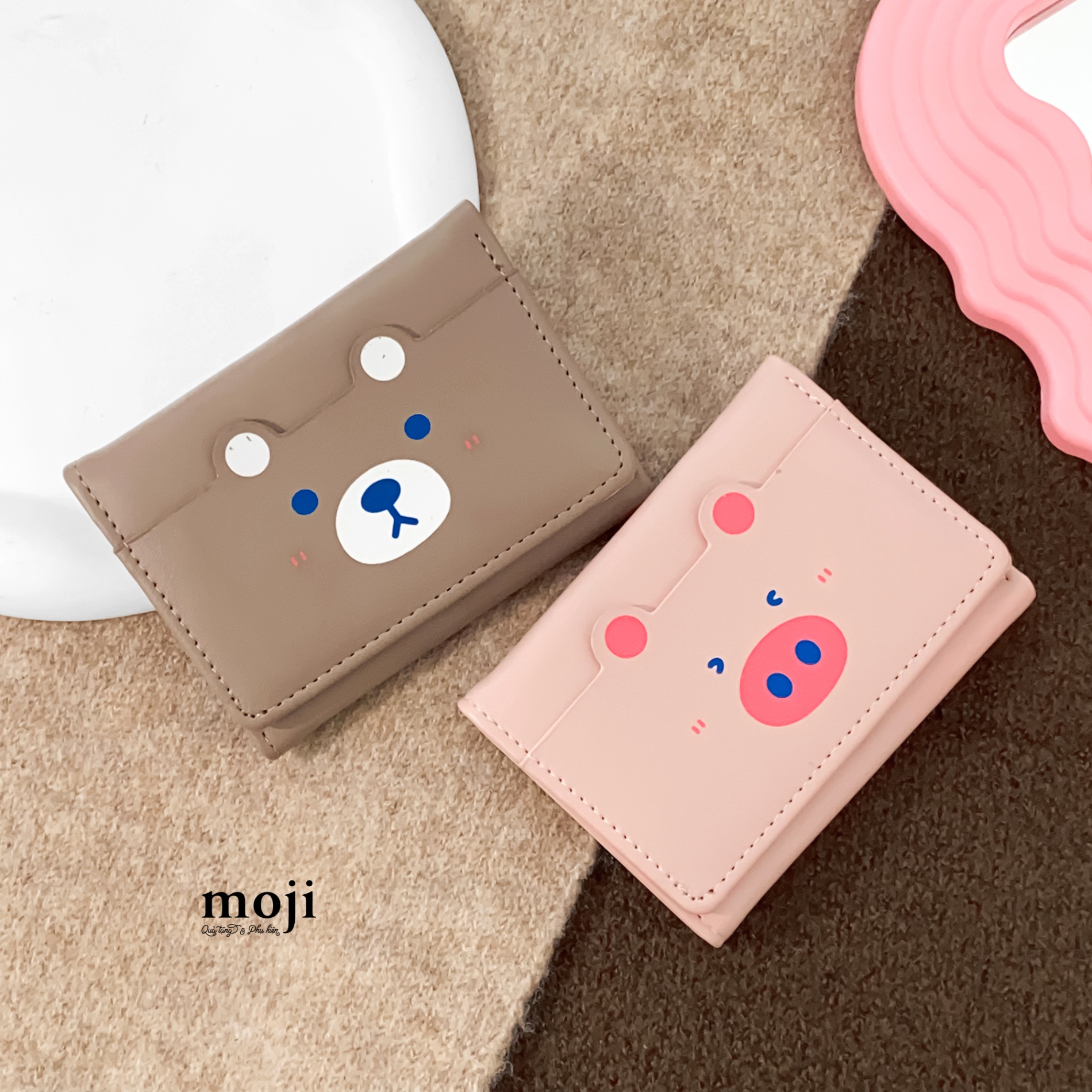 Ví da gập ngắn Baby bear pig cute face có tai 8x11
