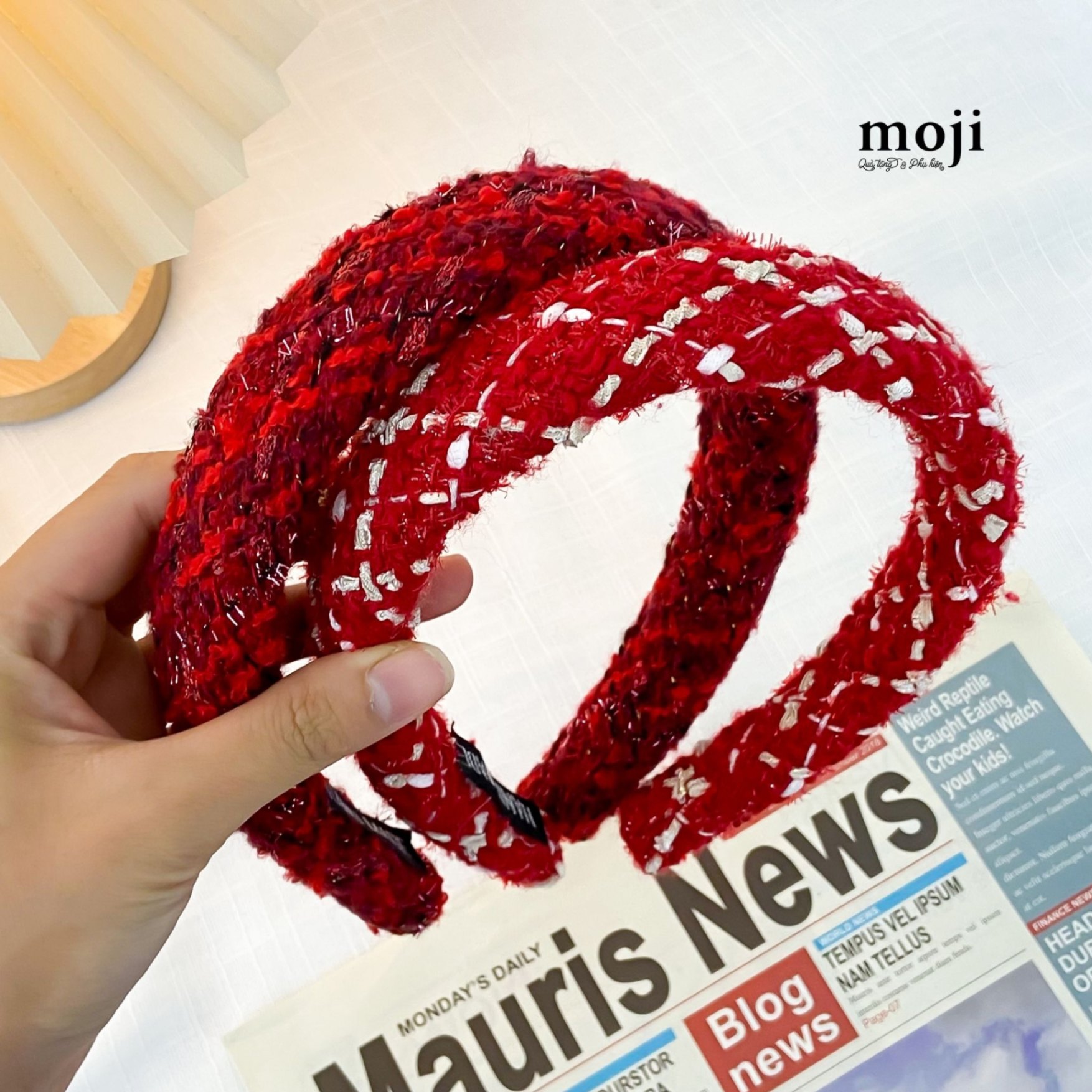 Băng đô bờm Red tweed fabric