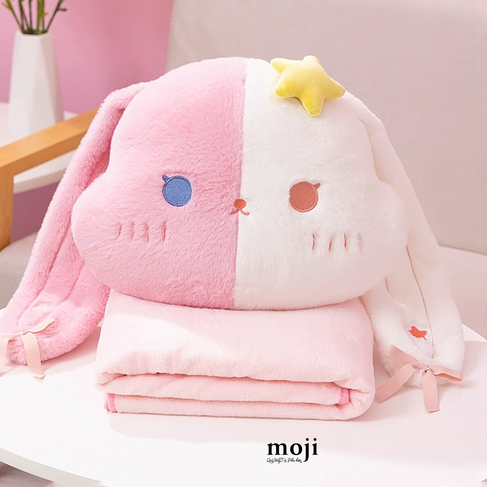 Bộ chăn gối 2in1 Rabbit star face 2 màu 30x100x180