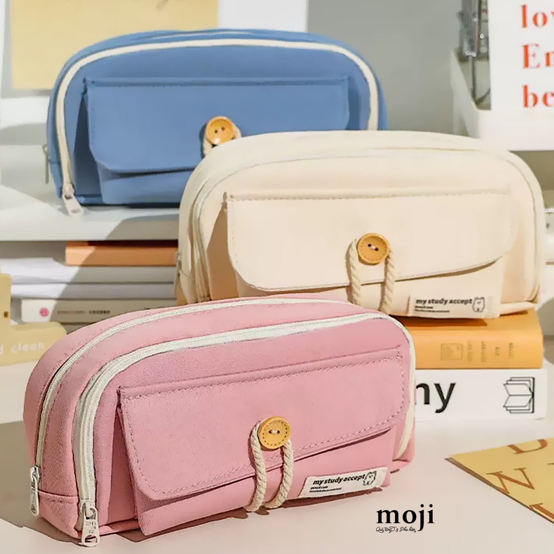 Hộp bút lớn Little stamp cúc cài nền màu 7x11x21
