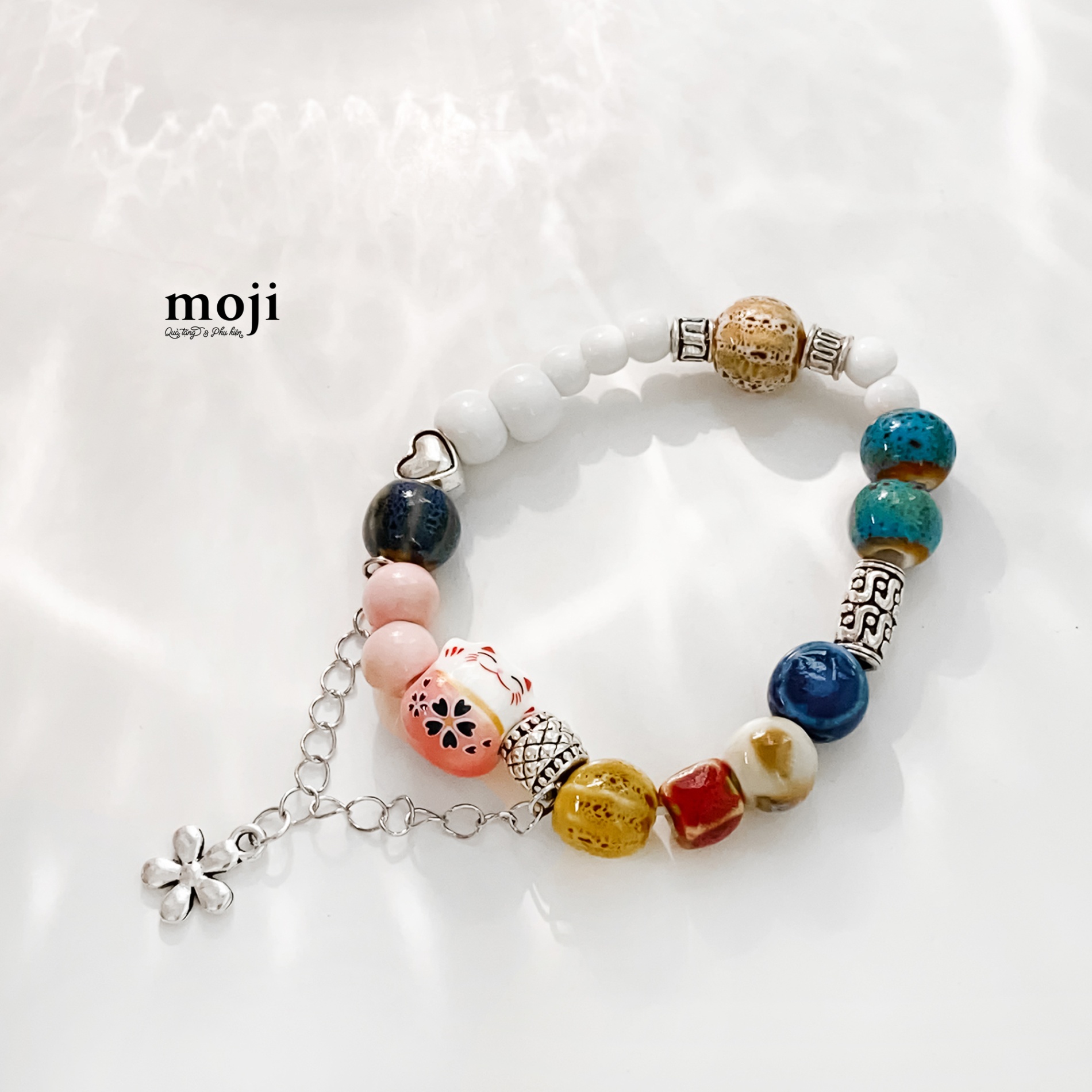 Vòng tay MJ Mèo may mắn silver heart flower hạt tròn