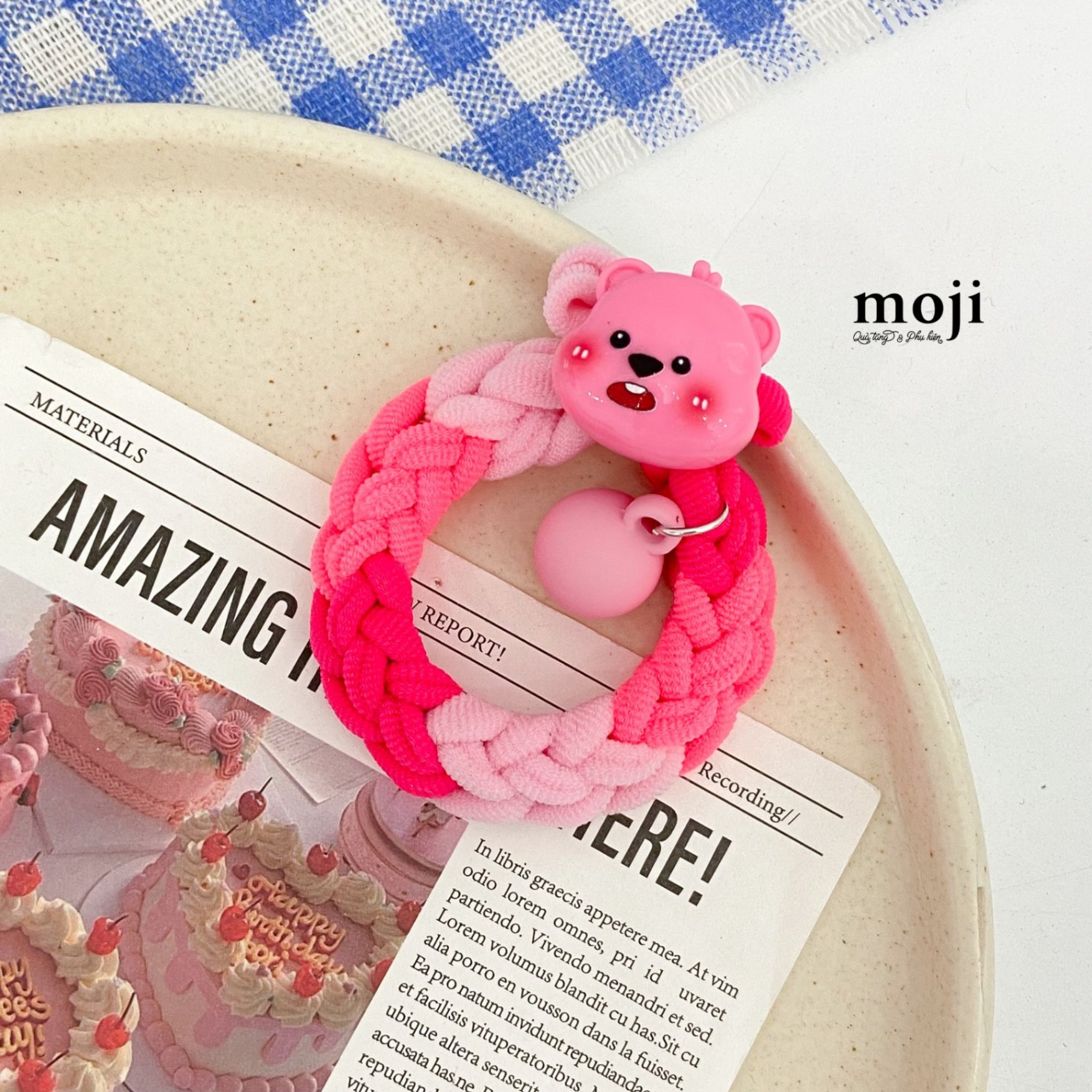 Buộc tóc MJ dây bện phối màu Hải ly Loopy face khối tròn