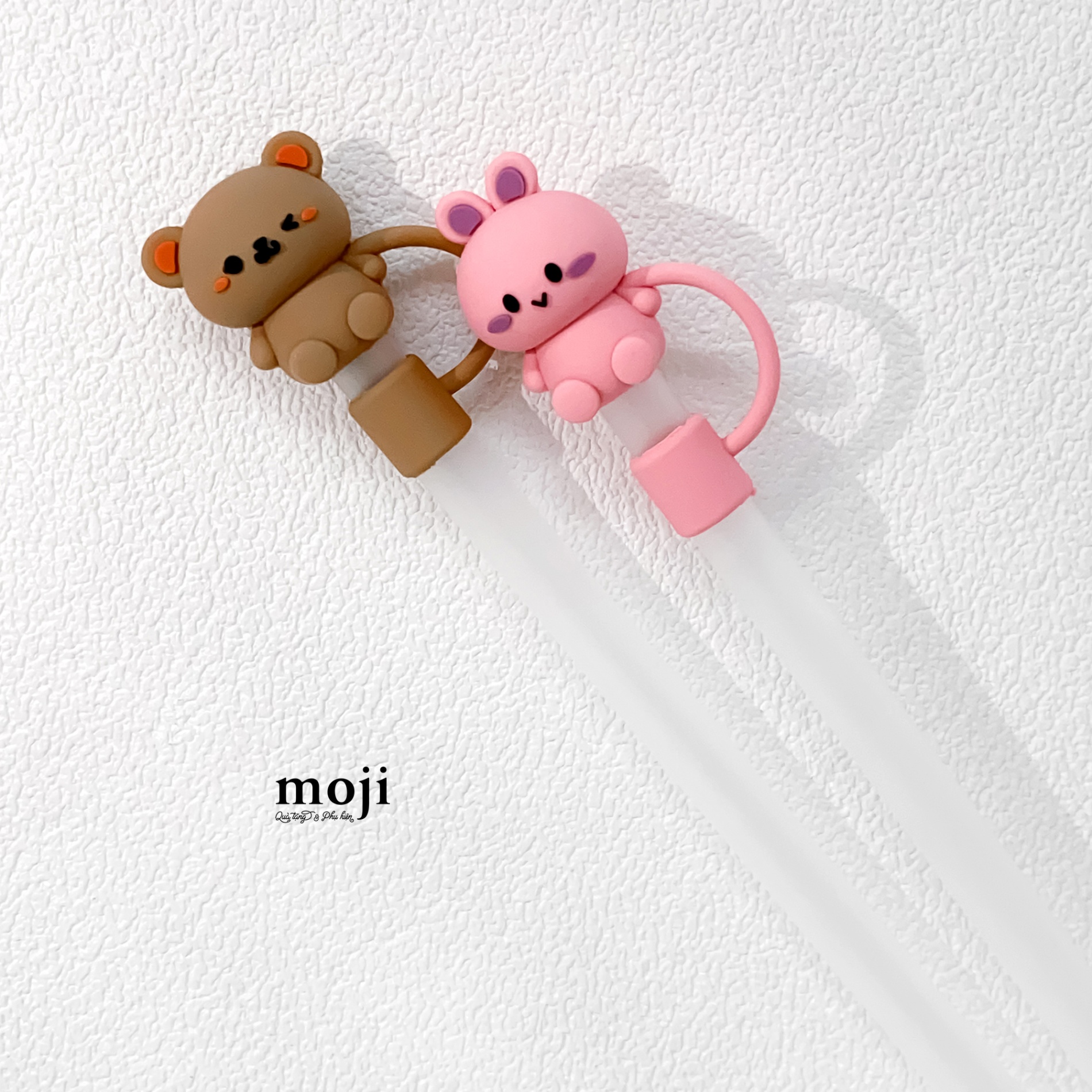 Ống hút nhựa kèm nút bịt silicone Baby bear rabbit cute face