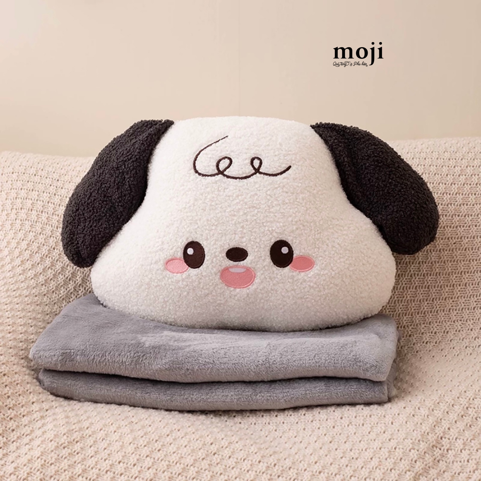 Bộ chăn gối 2in1 Cute dog má hồng có tai phối màu 30x100x160
