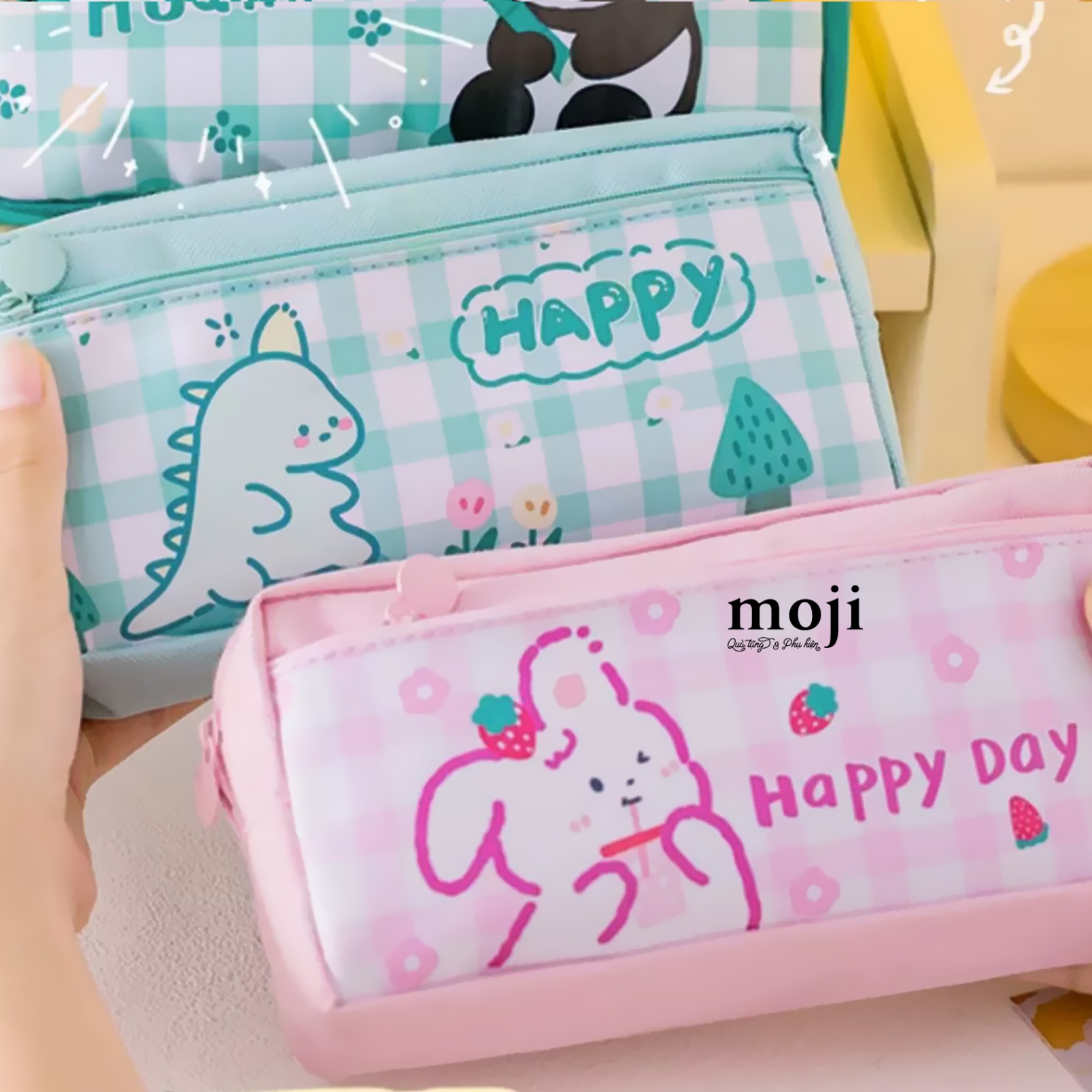 Hộp bút lớn Happy rabbit dinosaur khủng long plaid pattern 5x10x20