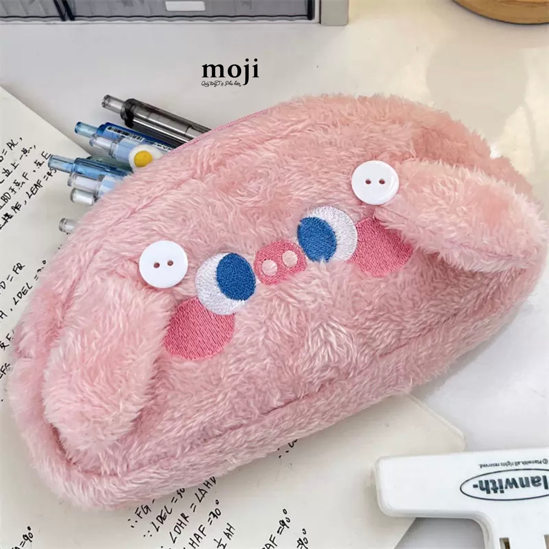 Hộp bút lớn lông xù Cute animal face có tai cúc áo 11x22
