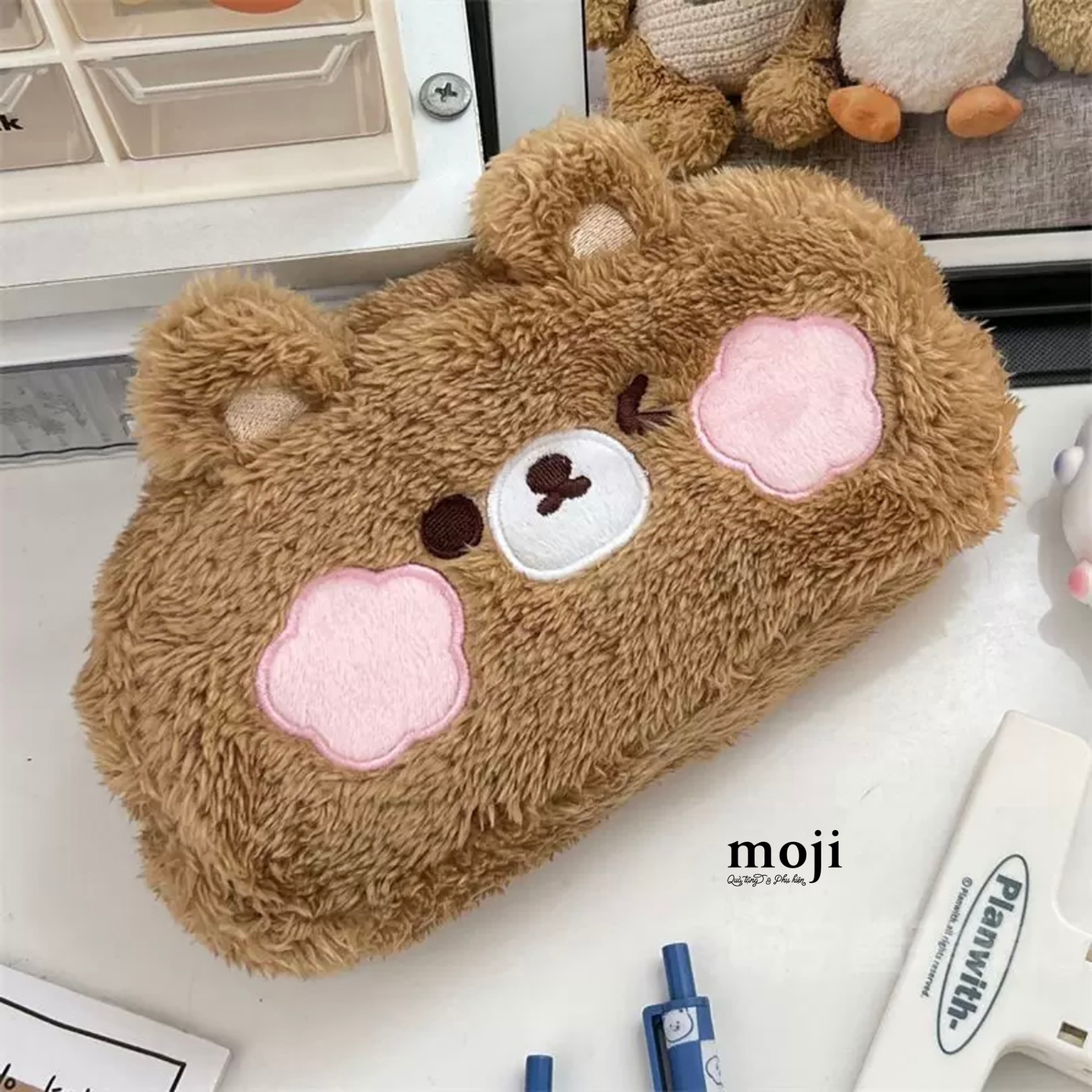 Hộp bút lớn lông xù Baby bear flower cheeks có tai 10x20