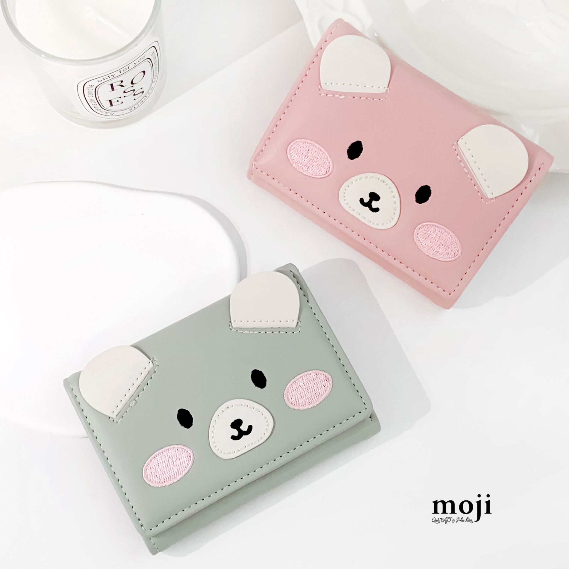 Ví da gập ngắn Baby bear face má hồng có tai 8x10
