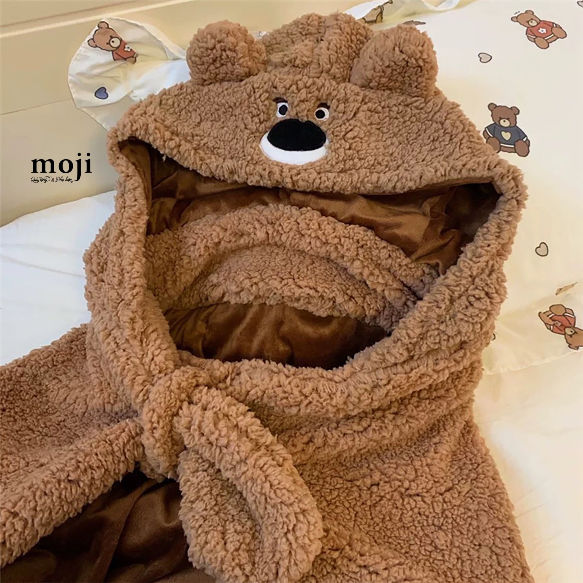 Chăn mền kèm mũ Brown dog face mũi nổi có tai 100x130