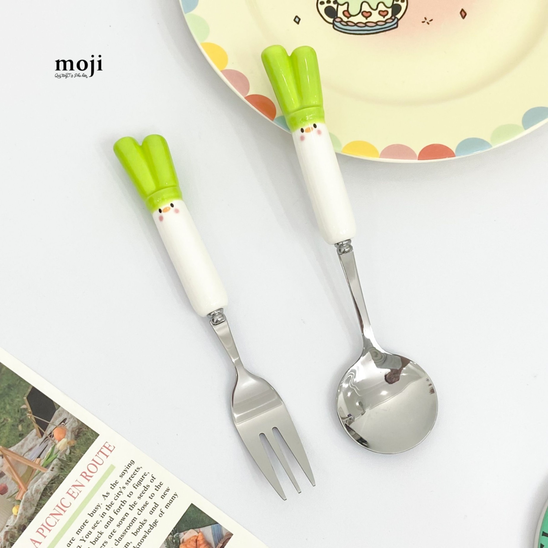 Bộ thìa muỗng nĩa kim loại Hành lá má hồng