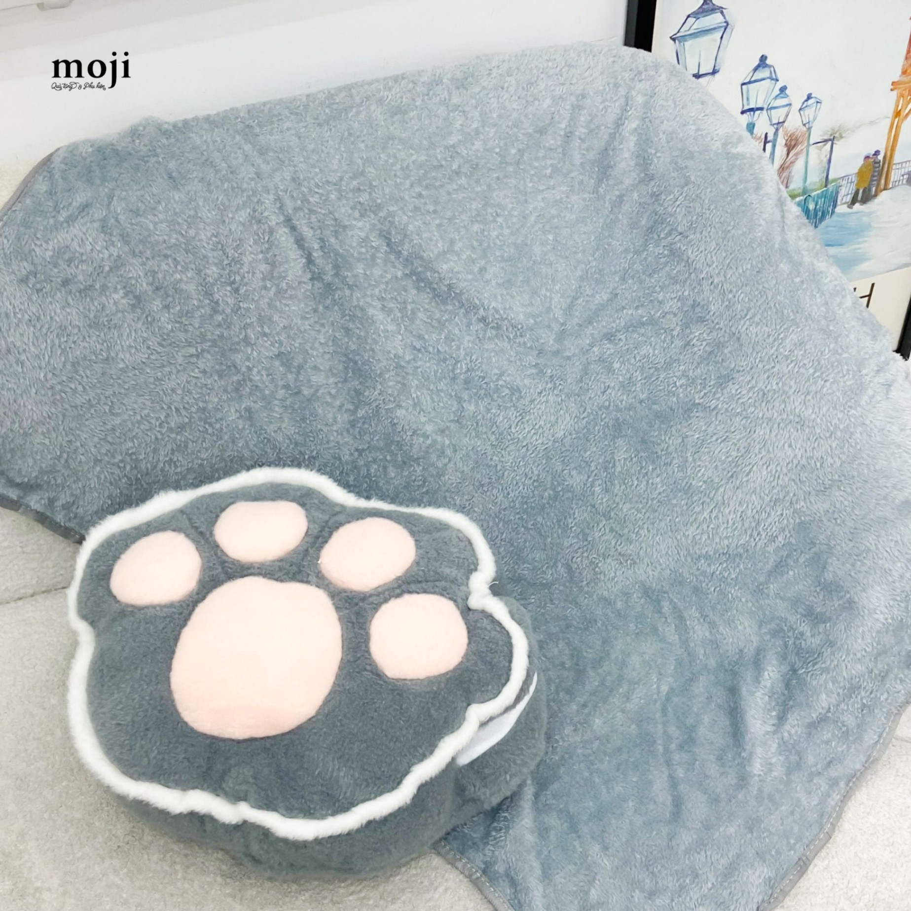 Bộ chăn gối 3in1 Cat paw phối màu có viền 40x100x170