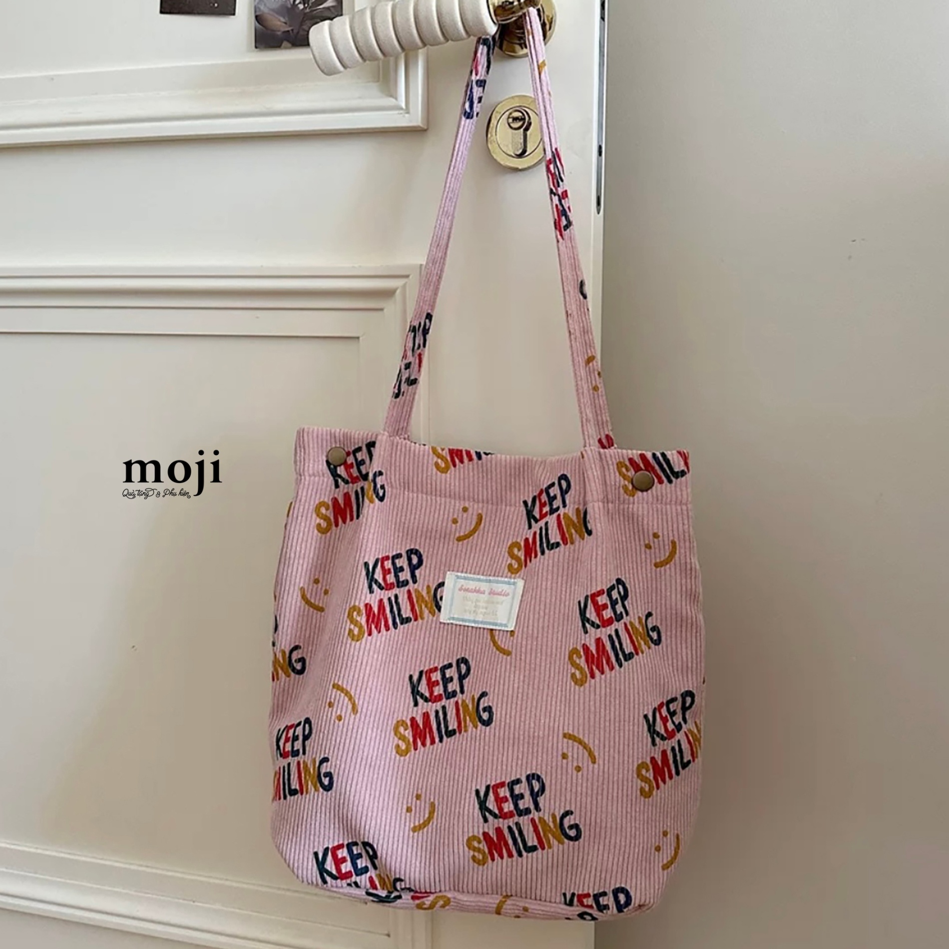 Túi đeo vải nhung tăm Keep smiling 12x33x36