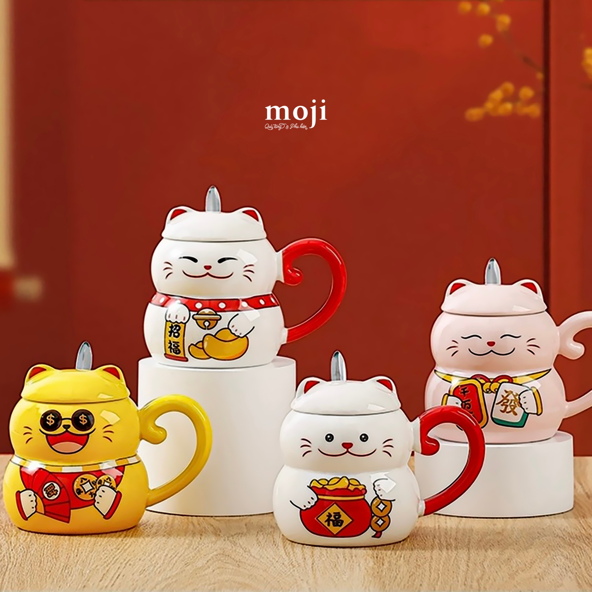Ly cốc sứ Mèo may mắn happy face 400ml