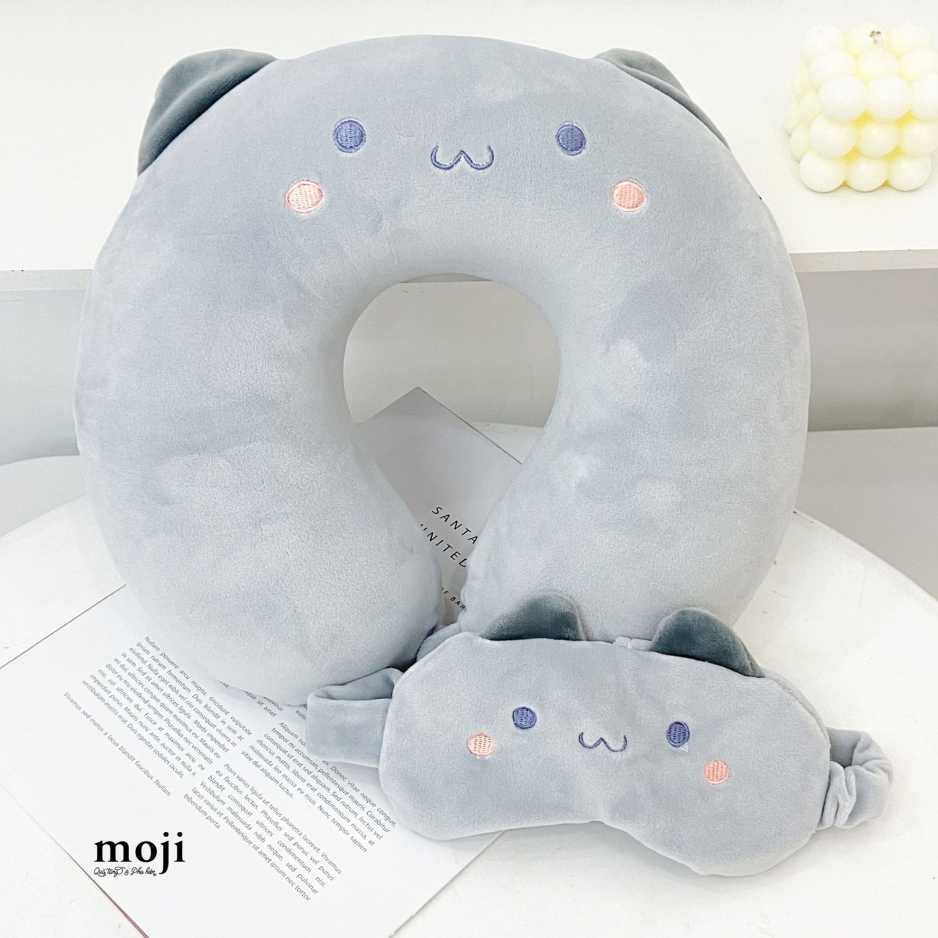 Gấu bông chữ U ruột cao su Cute cat má hồng có tai kèm bịt mắt