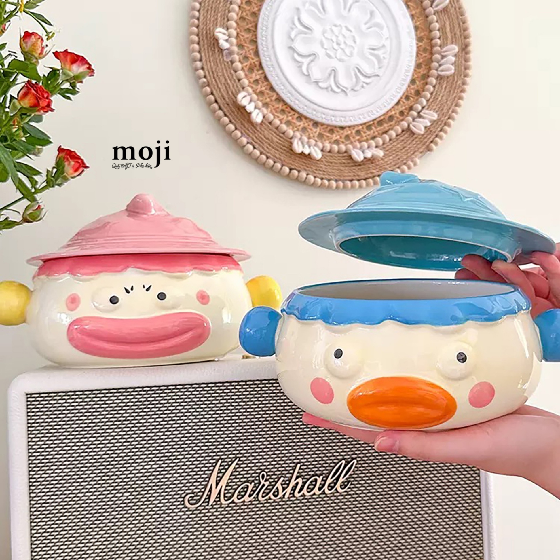 Chén bát gốm sứ Funny vibes big eyes face star hat môi dày 12x13