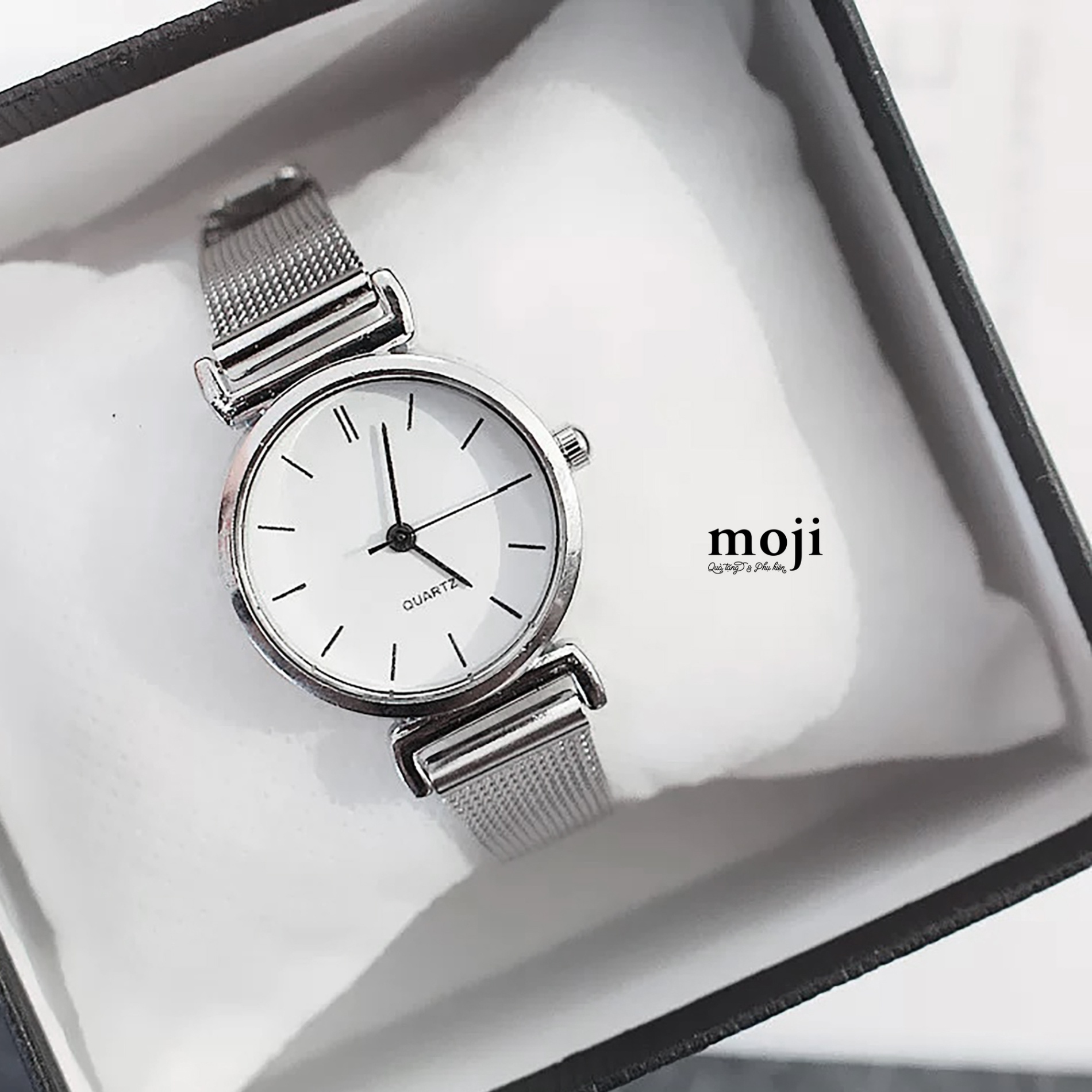 Đồng hồ MJ dây kim loại QUARTZ móc nối mặt tròn vạch số 25mm