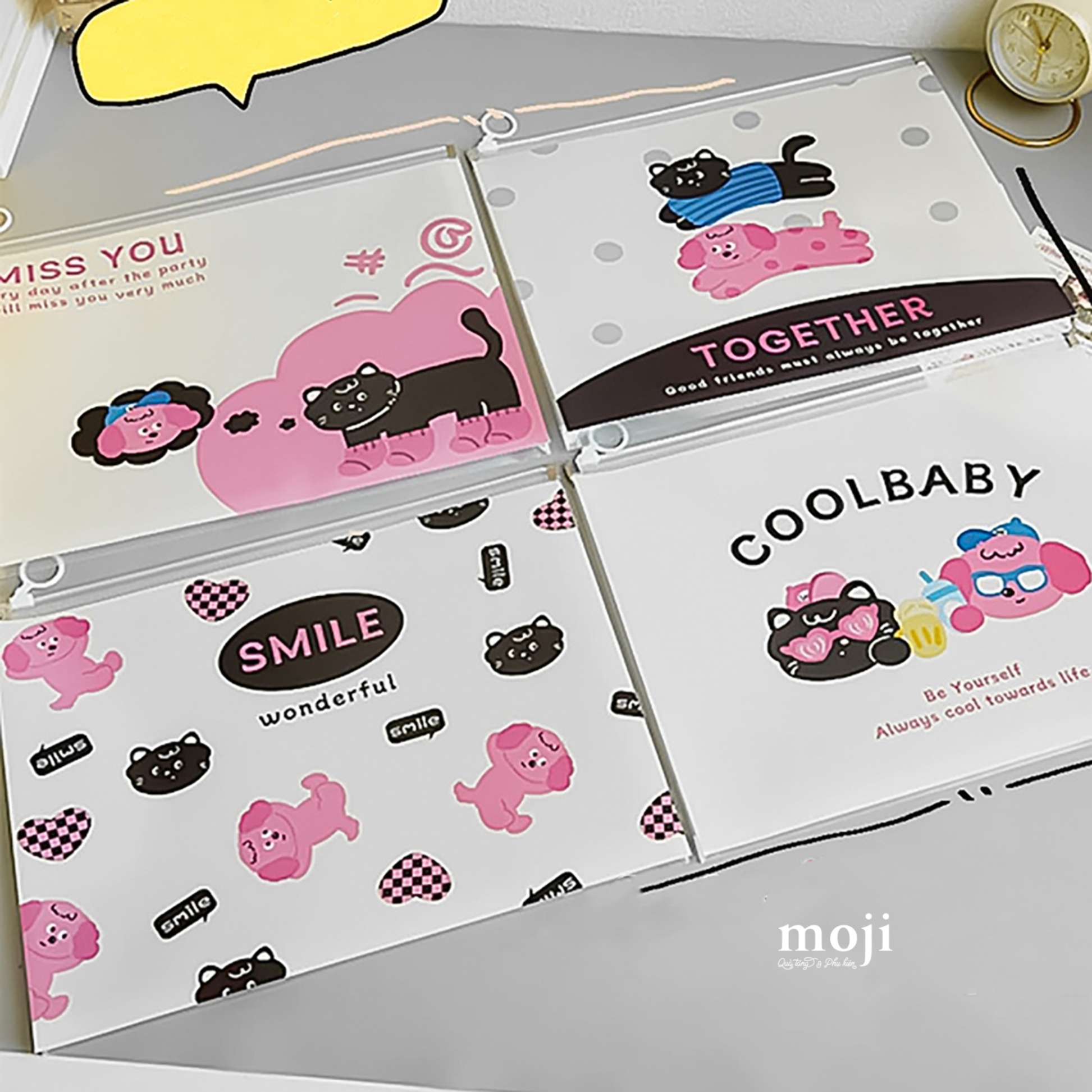 Túi đựng tài liệu MJ khóa kéo Black cat pink dog happy time 24x32