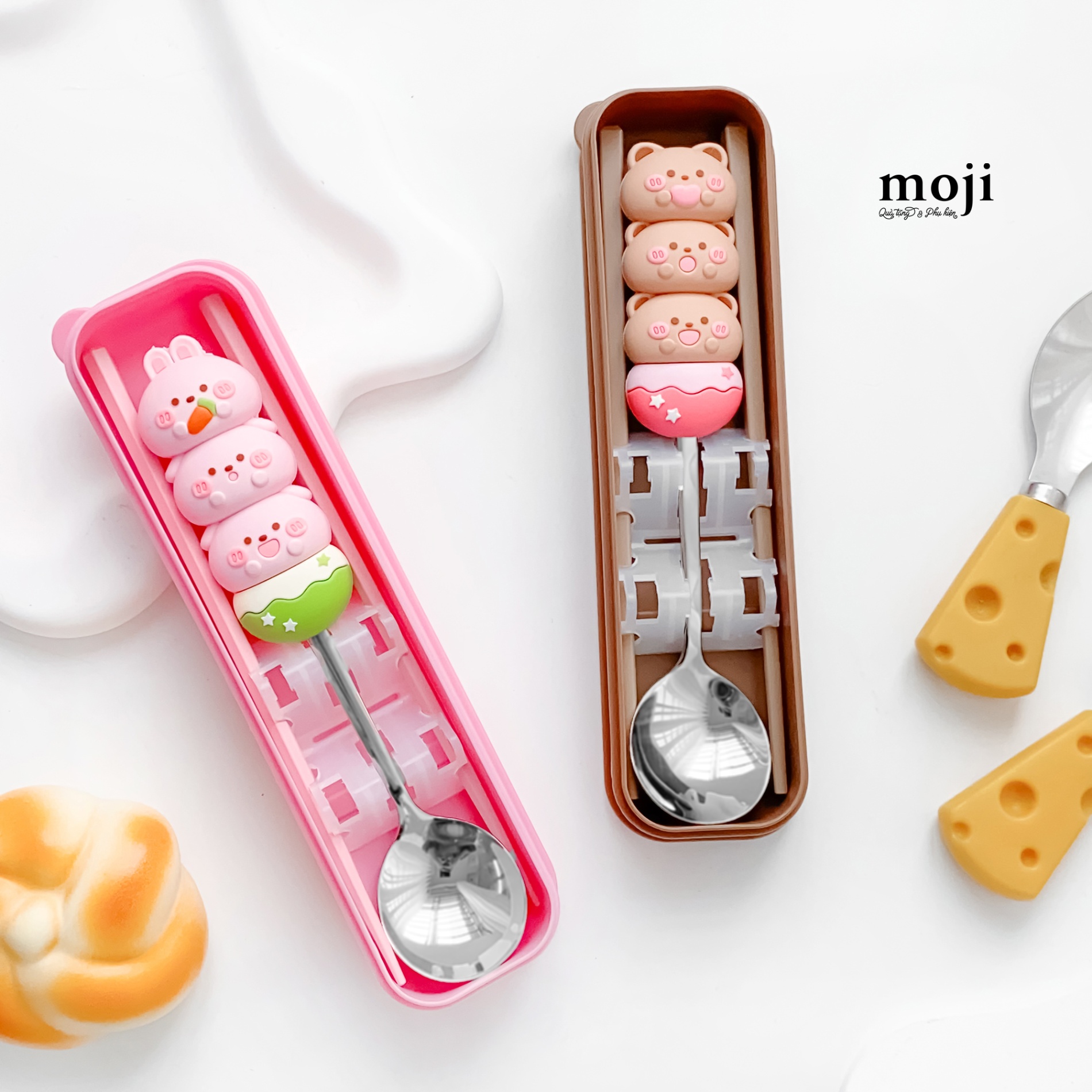 Bộ thìa đũa Baby bear rabbit má hồng xếp chồng
