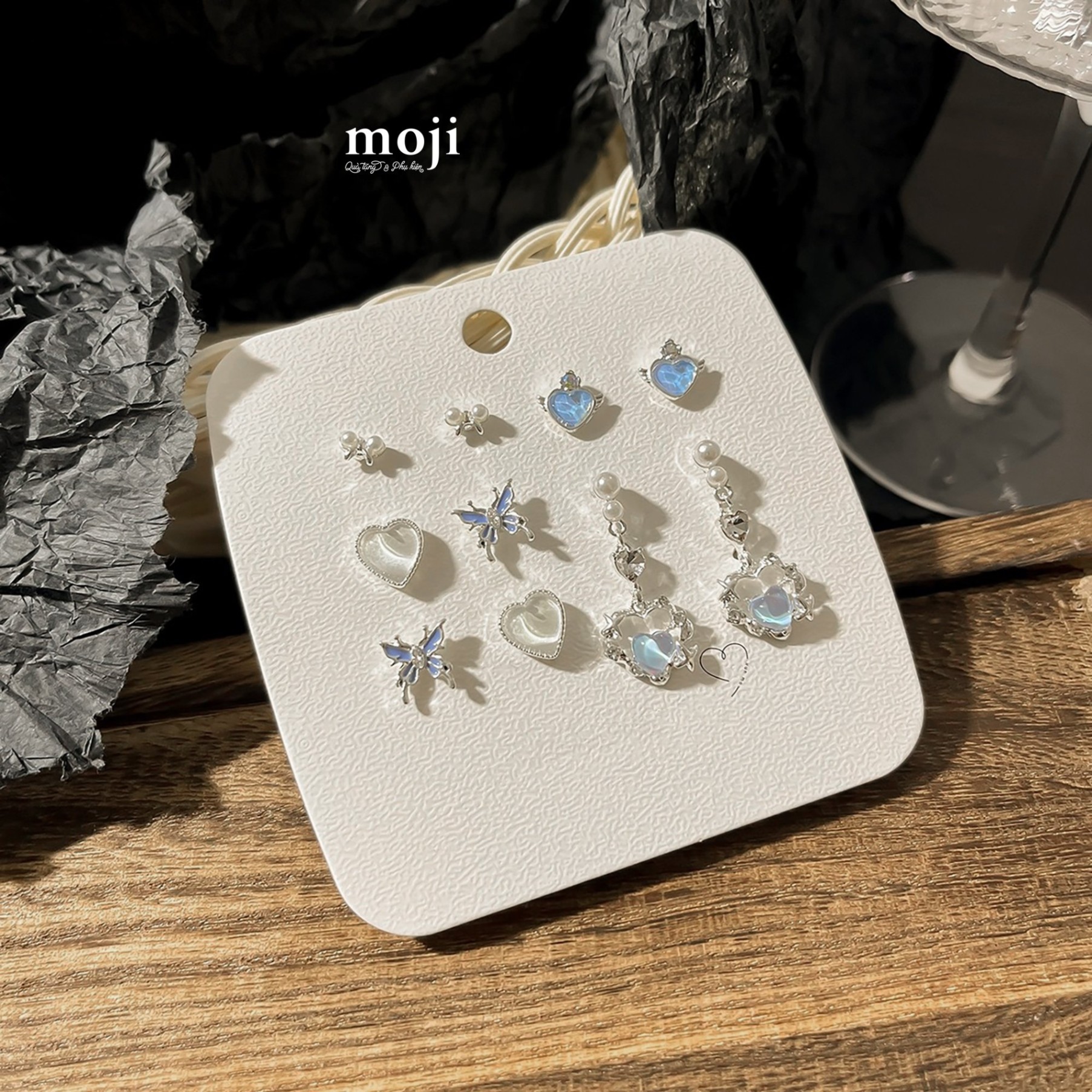 Khuyên tai set10 Blue and pearl butterfly heart bow