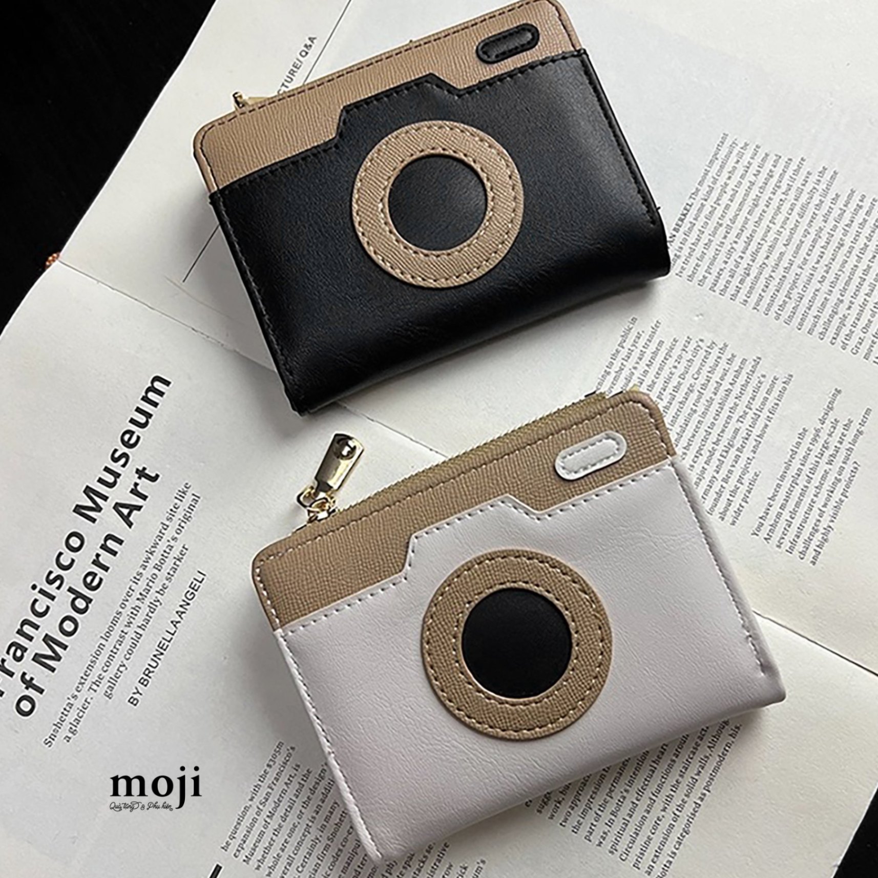 Ví da gập ngắn Camera máy ảnh phối màu 9x11