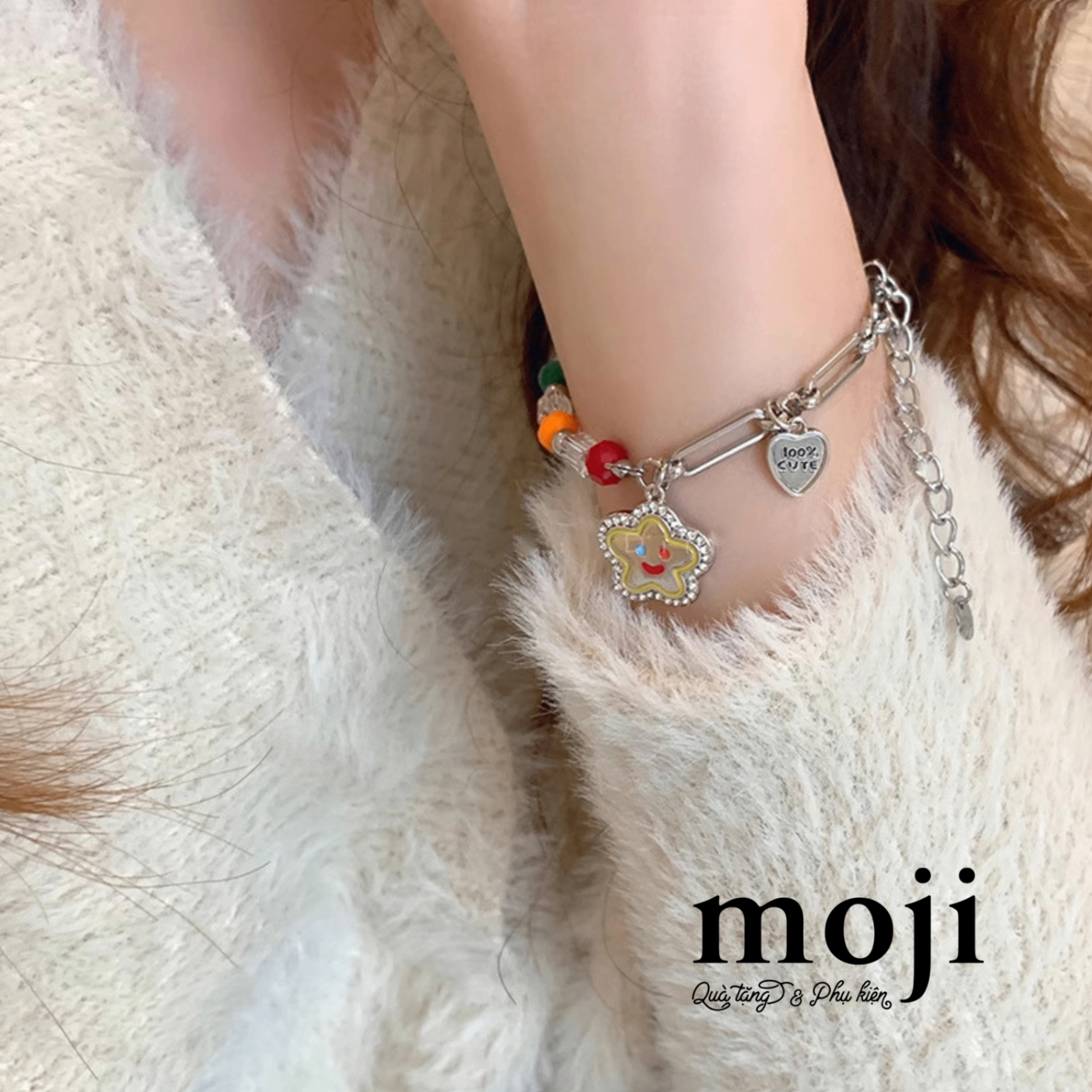 Vòng tay MJ Happy star hạt màu phối xích