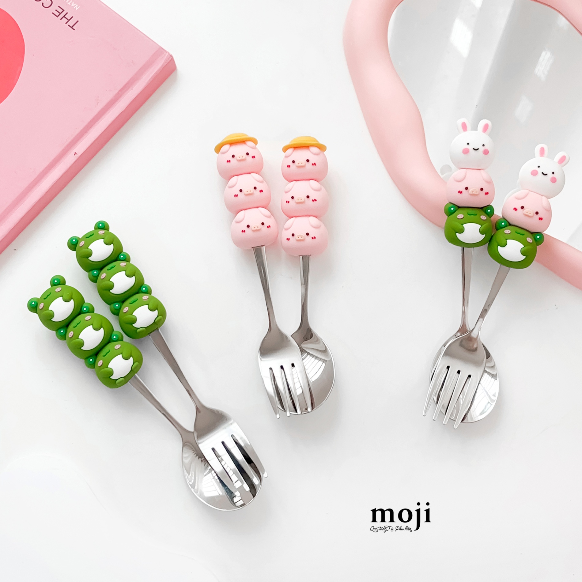 Bộ thìa muỗng nĩa kim loại Frog rabbit pig má hồng xếp chồng