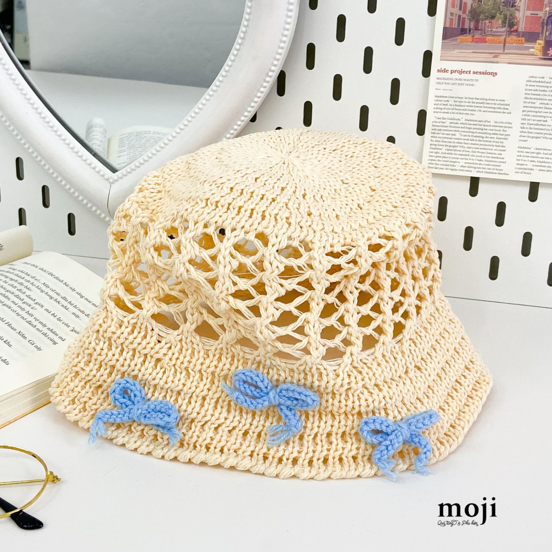 Mũ nón bucket đan cói bow nơ nhỏ phối màu