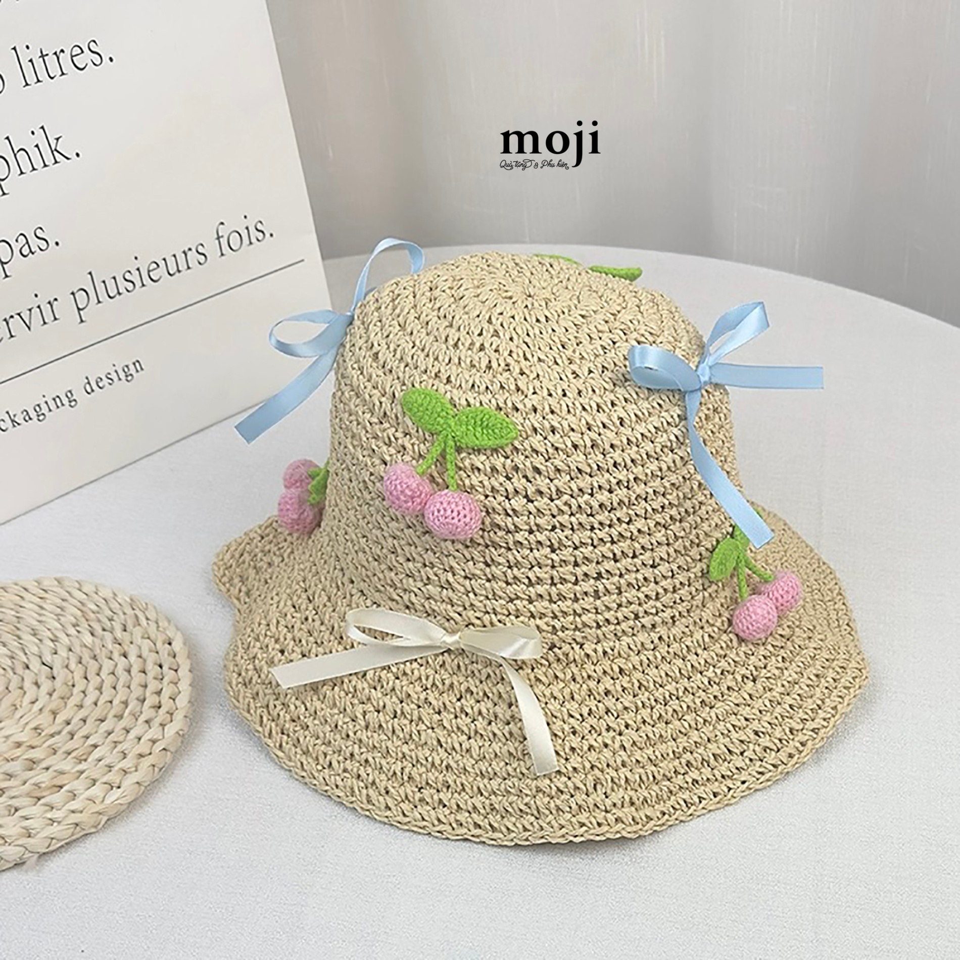 Mũ nón bucket đan cói Fruit bow nơ