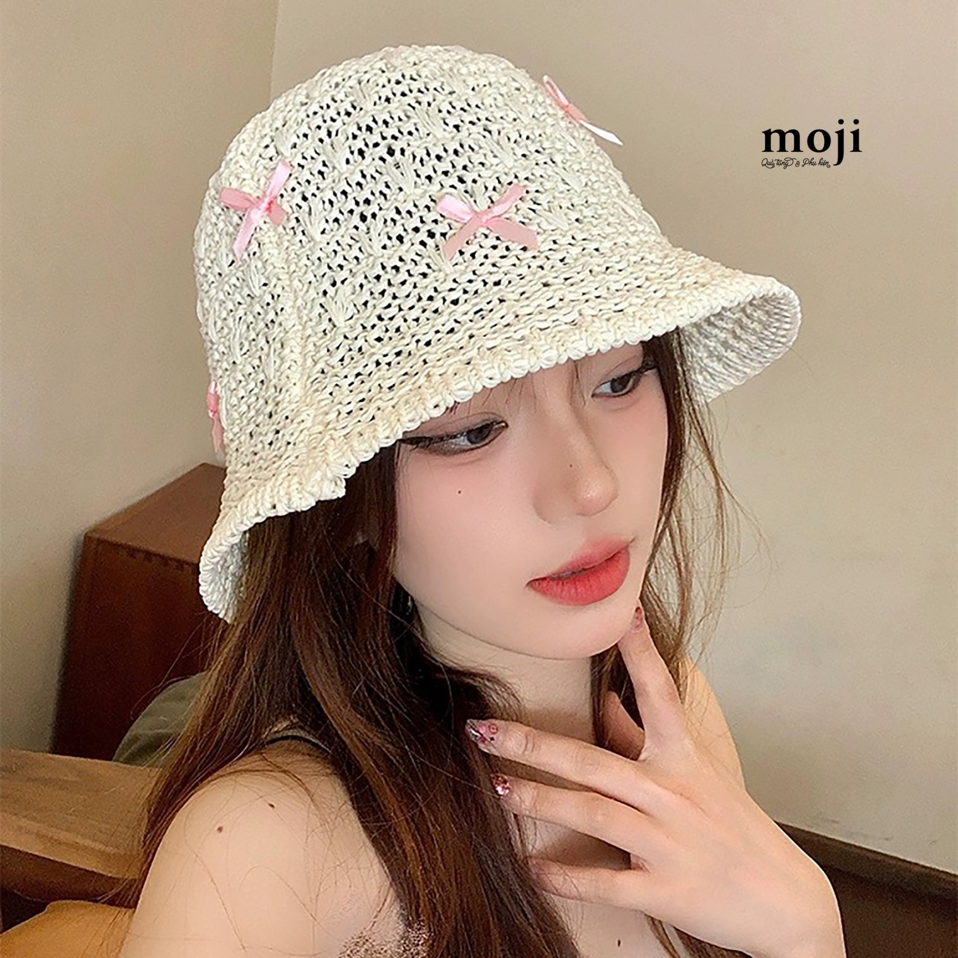Mũ nón bucket đan cói Basic little bow nơ nhỏ phối màu