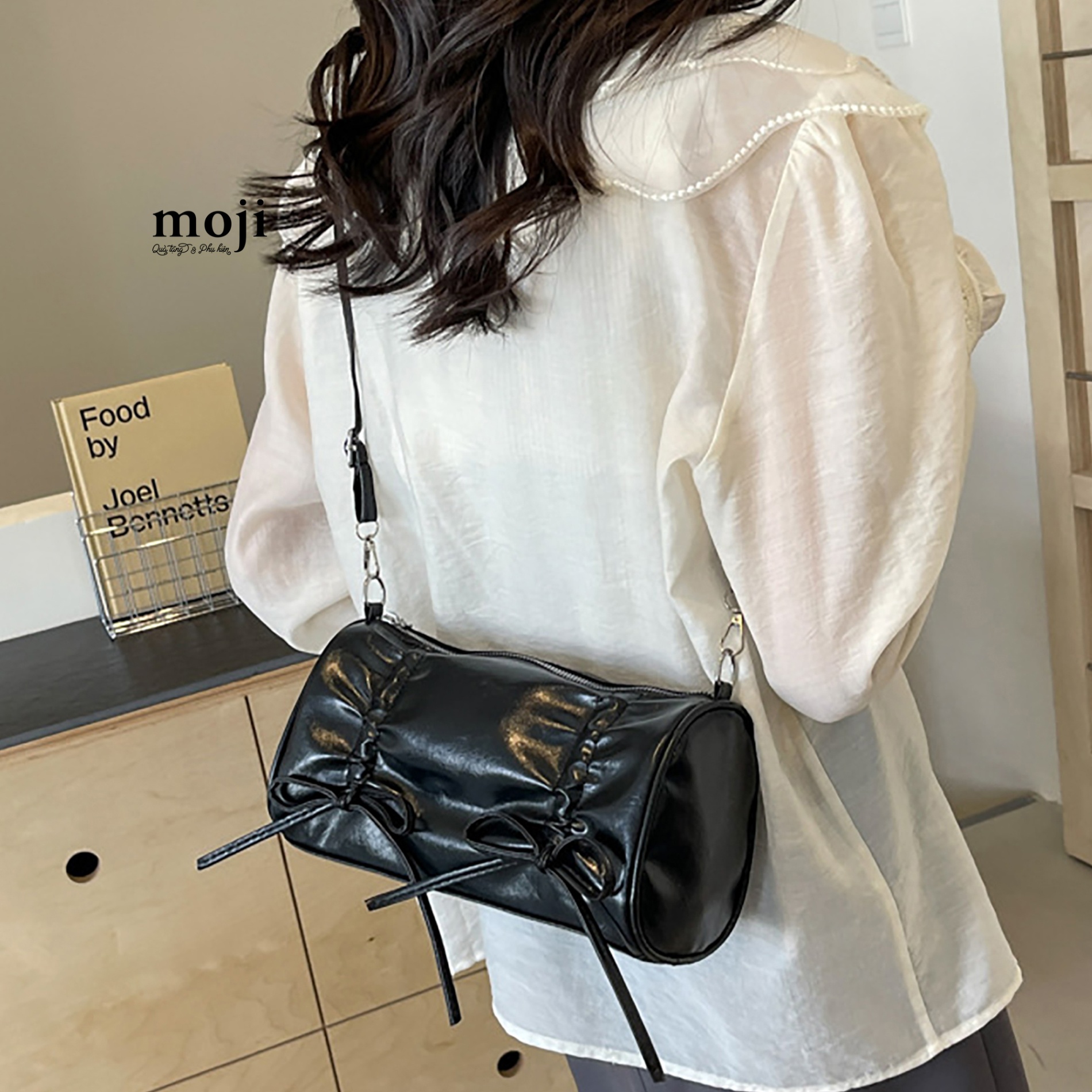 Túi đeo chéo da dây rút thắt bow nơ dáng trống 1 màu 14x14x25