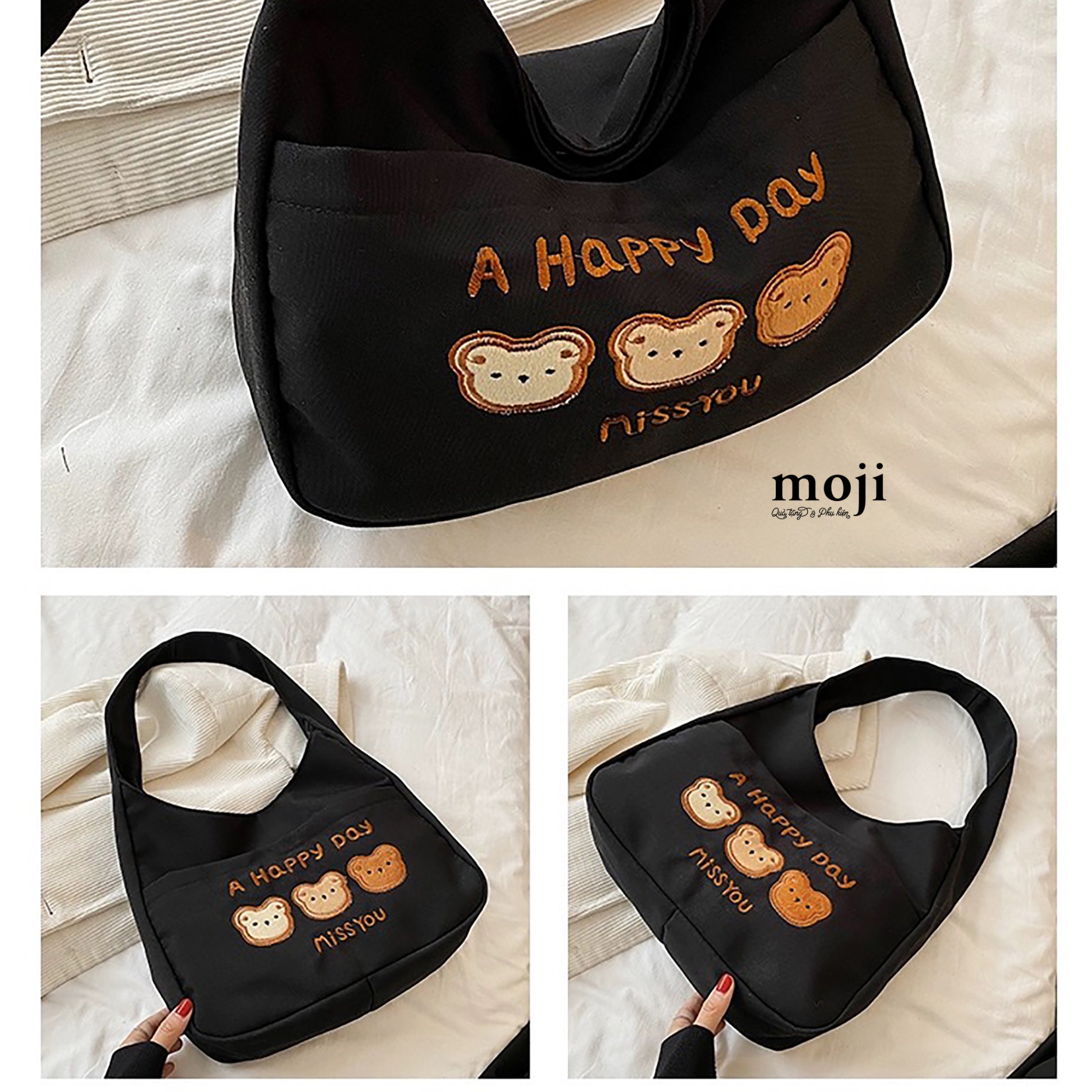 Túi đeo vải Triple baby bear face a happy day miss you 9x20x30