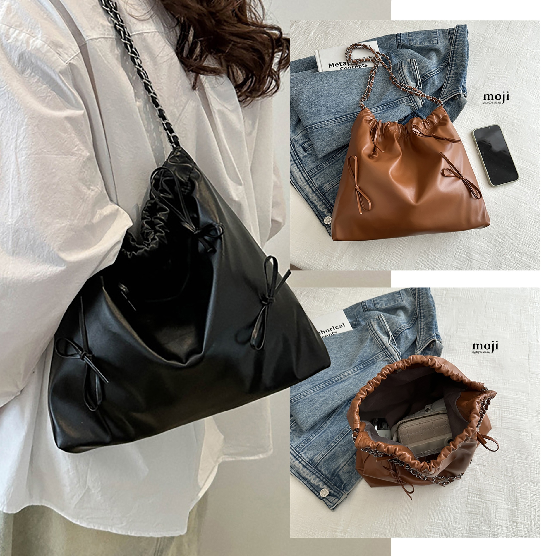 Túi đeo da Bow nơ nhỏ 1 màu dây xích 9x28x29