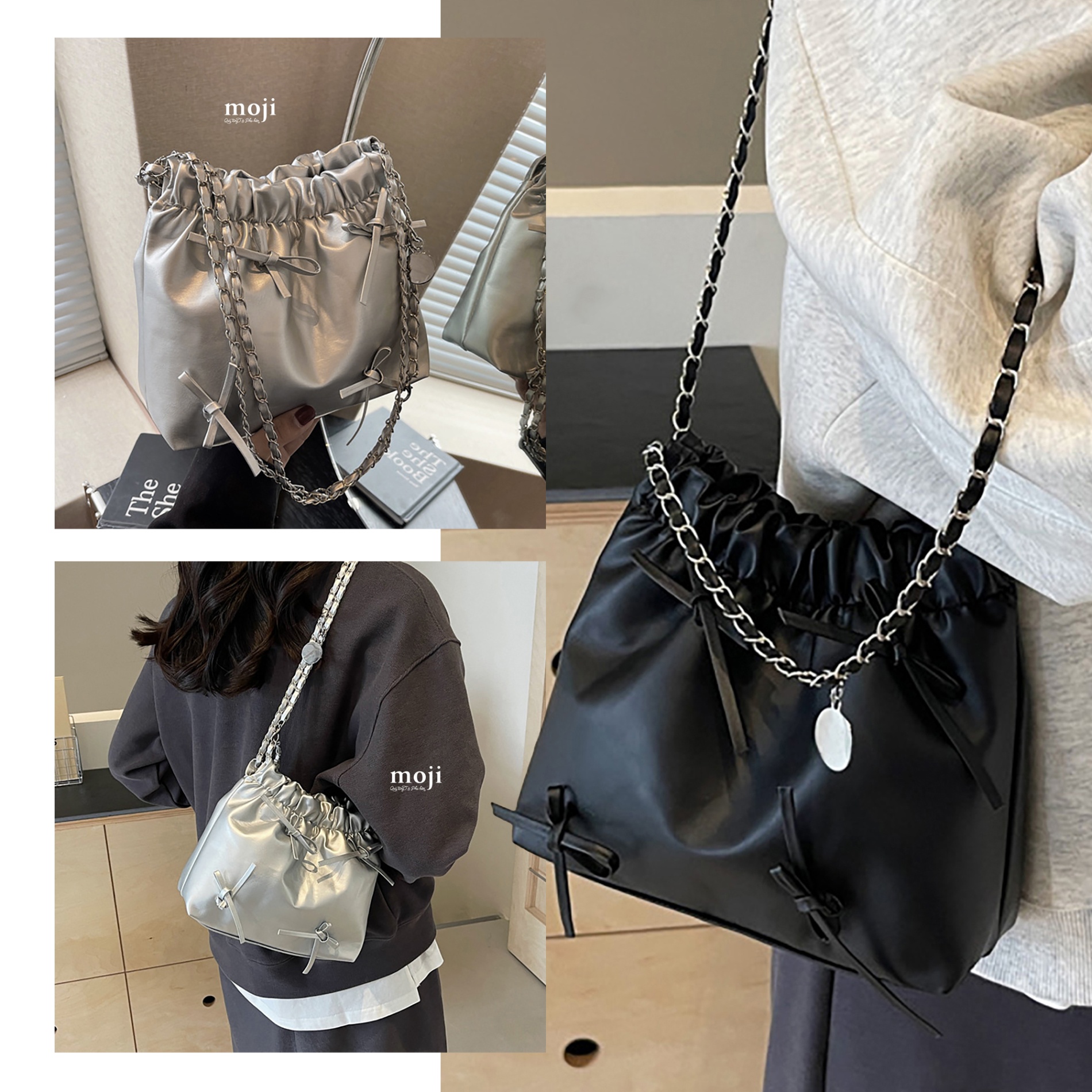 Túi đeo da Little bow nơ 1 màu dây xích mảnh dẹt 7x18x21