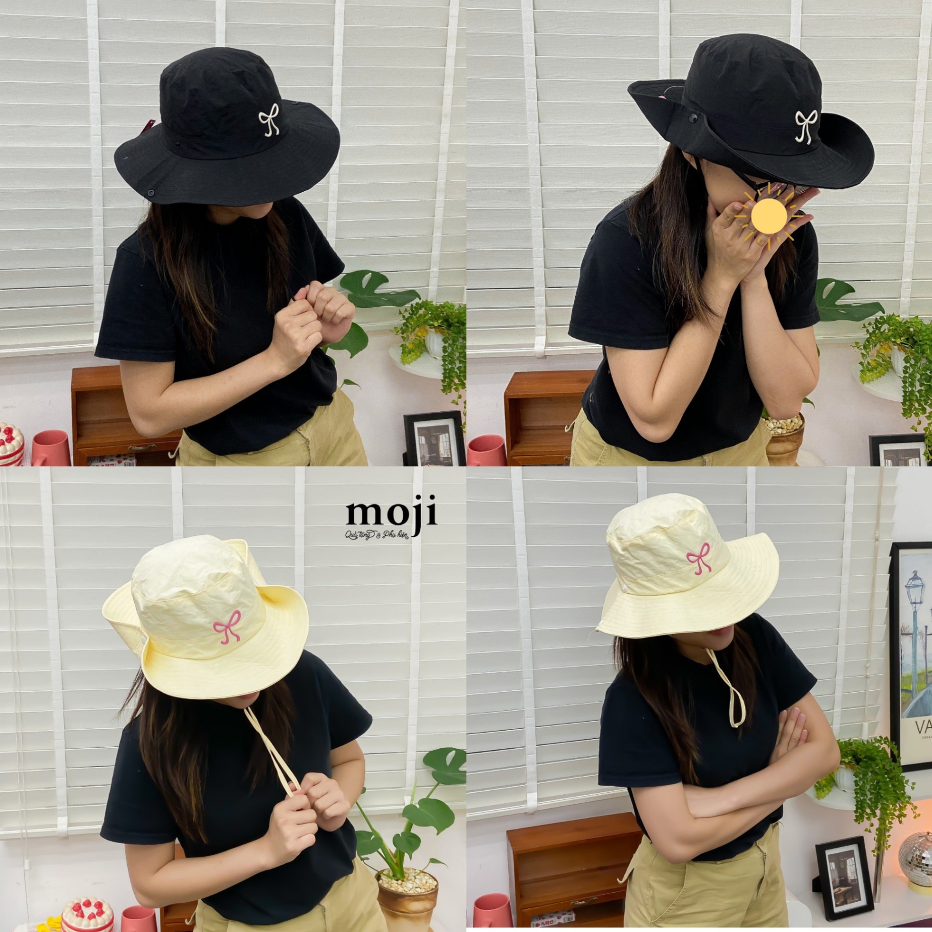 Mũ nón bucket vành lớn Basic bow nơ cúc bấm