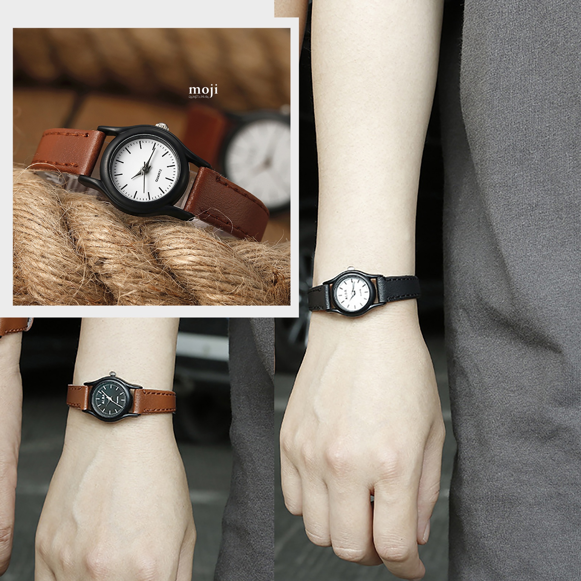 Đồng hồ MJ dây da QUARTZ mặt tròn vạch số 34mm