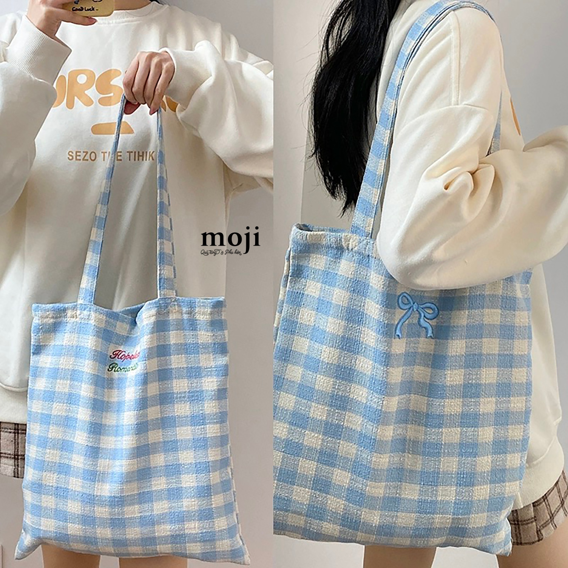 Túi đeo vải Bow hopeless romantic nền kẻ ô 38x41